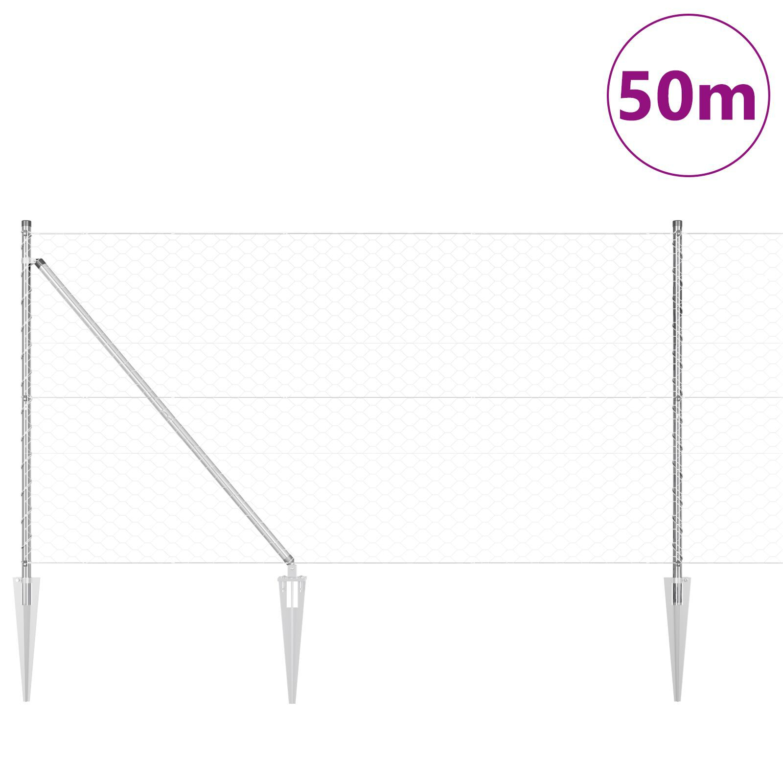 Gard Hexagonal 1x50 m Oțel Galvanizat,  Stâlpi de Gard cu Vârf 13 buc Ø32 mm 120 cm Oțel Galvanizat GartenMobel Dekor