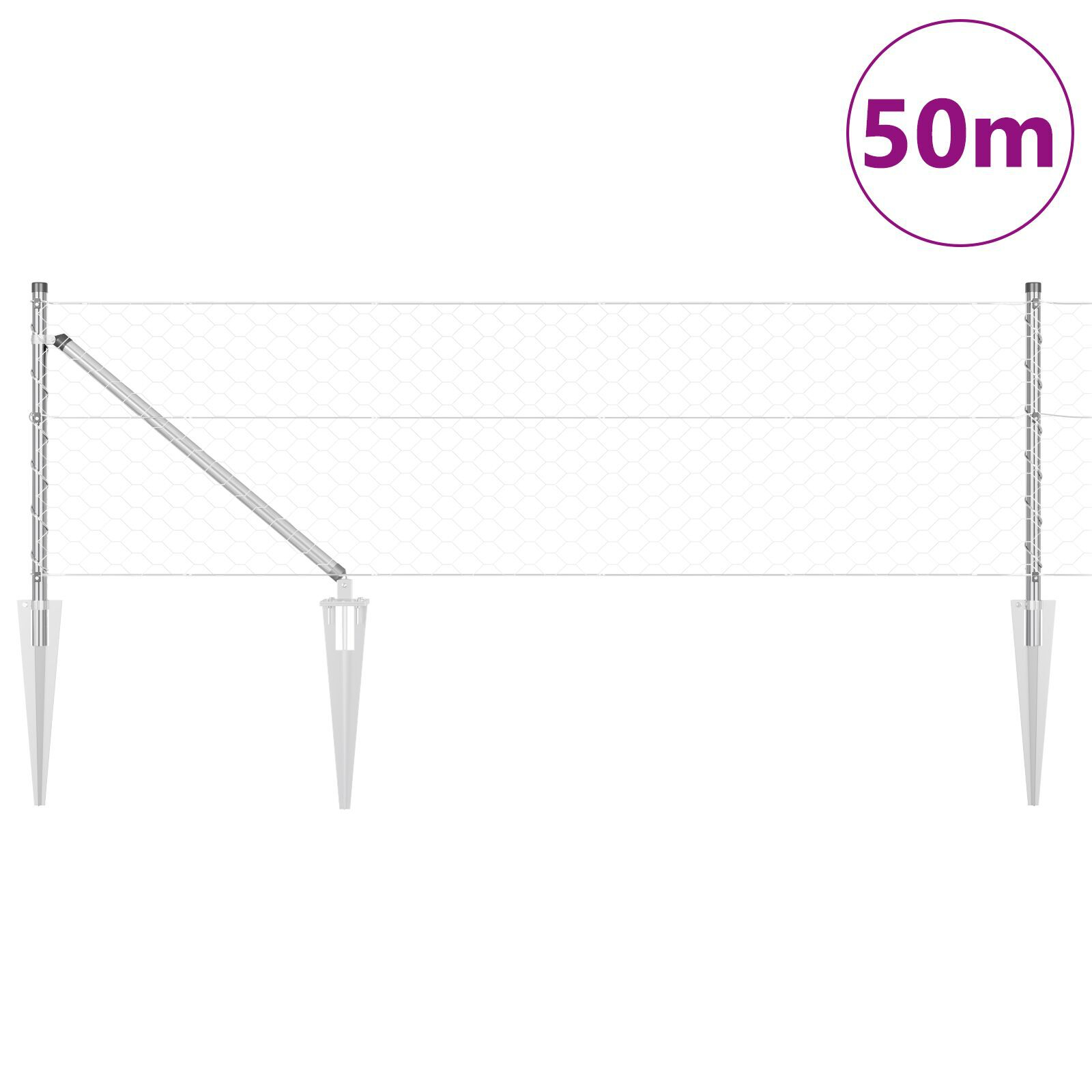 Gard Hexagonal  0.6x50 m Oțel Galvanizat, Stâlpi de Gard  cu Ancoră în Prăjină 13 buc Ø32 mm 80 cm Oțel Galvanizat GartenMobel Dekor
