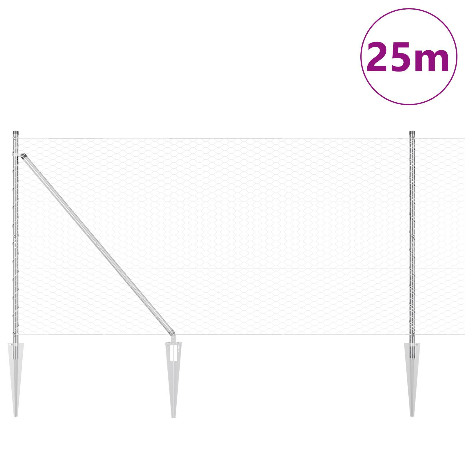 Împrejmuire Hexagonală  1.4x25 m Oțel Galvanizat, Stâlpi de Împrejmuire  cu Spike 13 buc Ø32 mm 160 cm Oțel Galvanizat GartenMobel Dekor