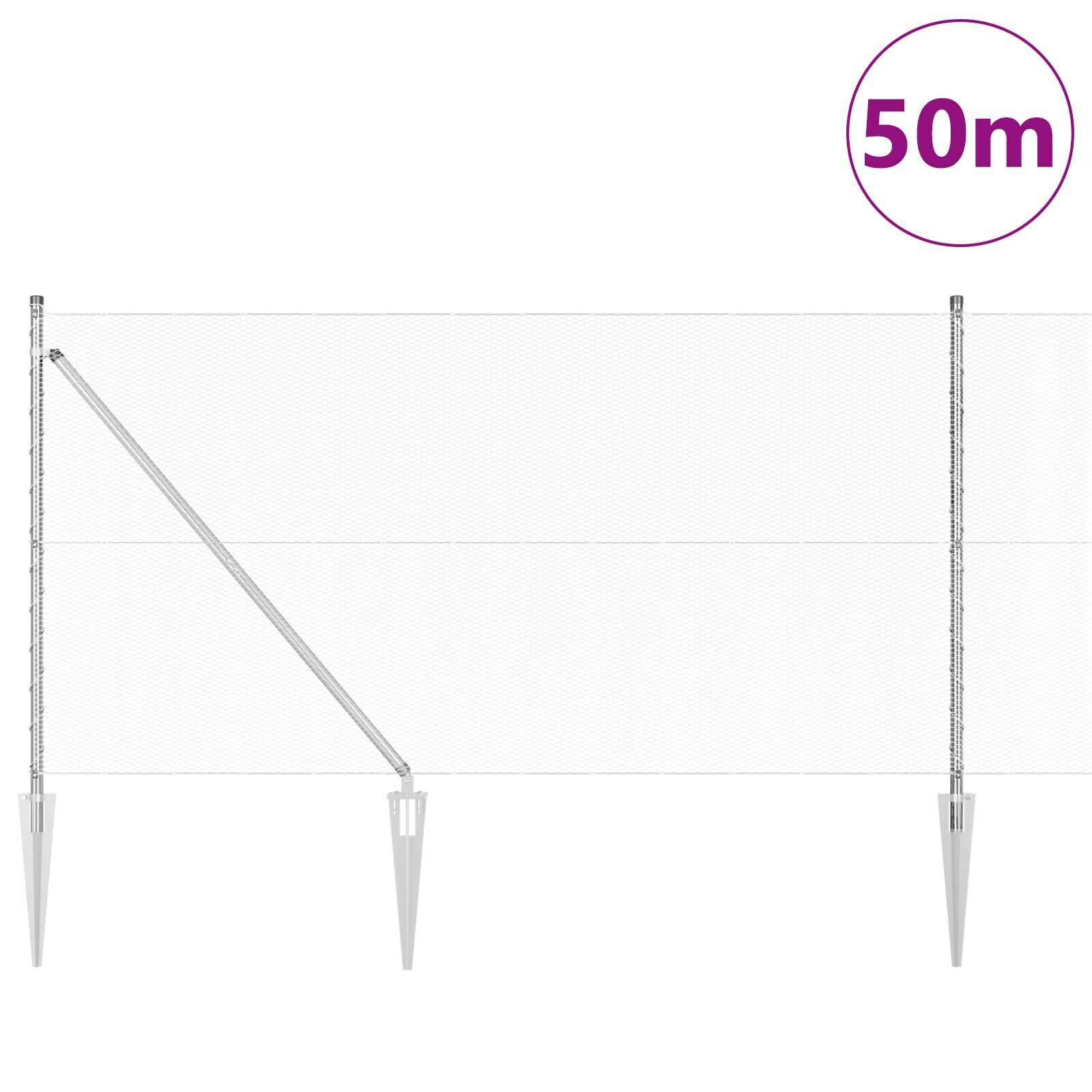 Împrejmuire Hexagonală  1x50 m Oțel Galvanizat, Stâlpi de Împrejmuire  cu Vârf 13 buc Ø32 mm 120 cm Oțel Galvanizat GartenMobel Dekor