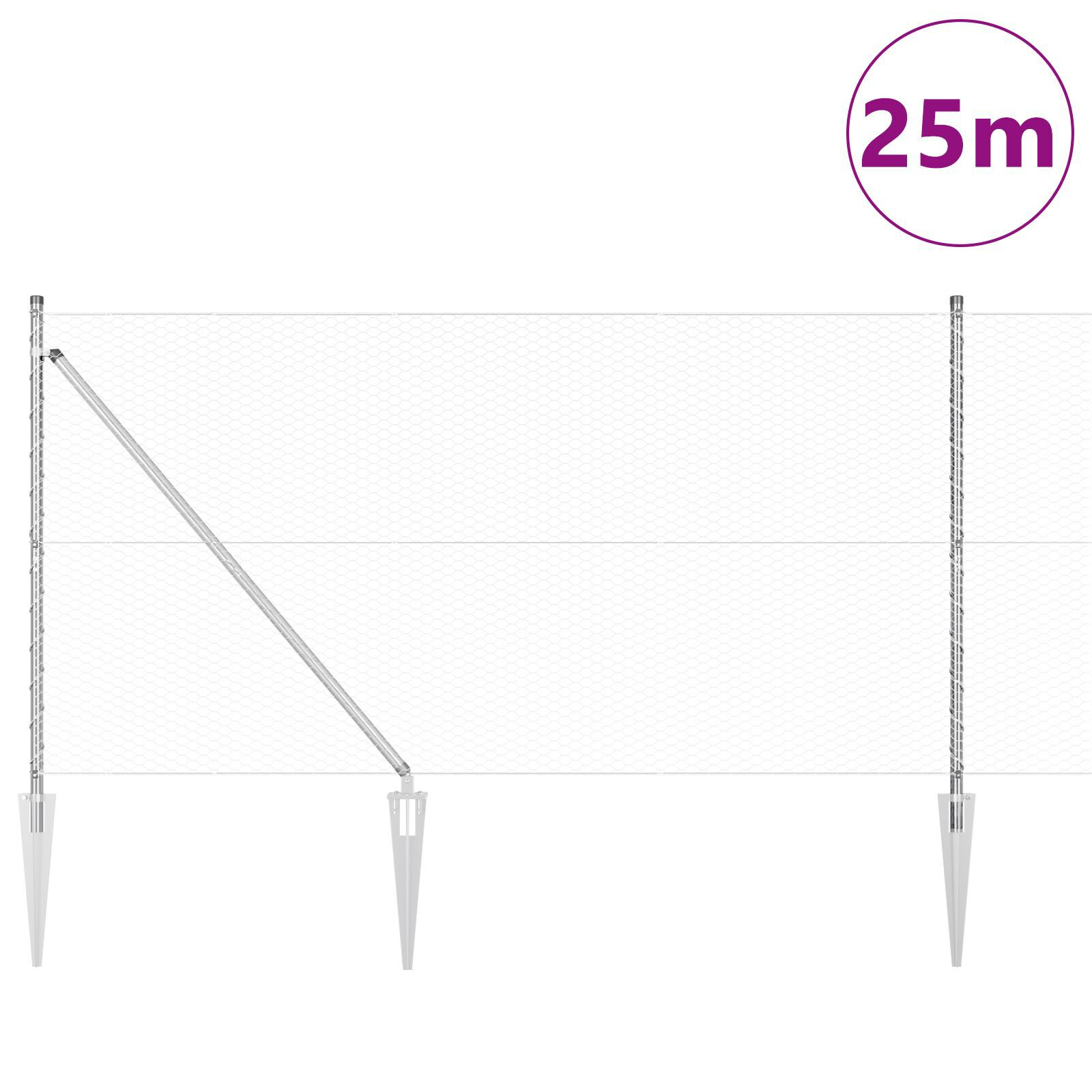 Împrejmuire hexagonală  1.4x25 m Oțel galvanizat, Stâlpi de împrejmuire  cu spike 13 buc Ø32 mm 160 cm Oțel galvanizat GartenMobel Dekor
