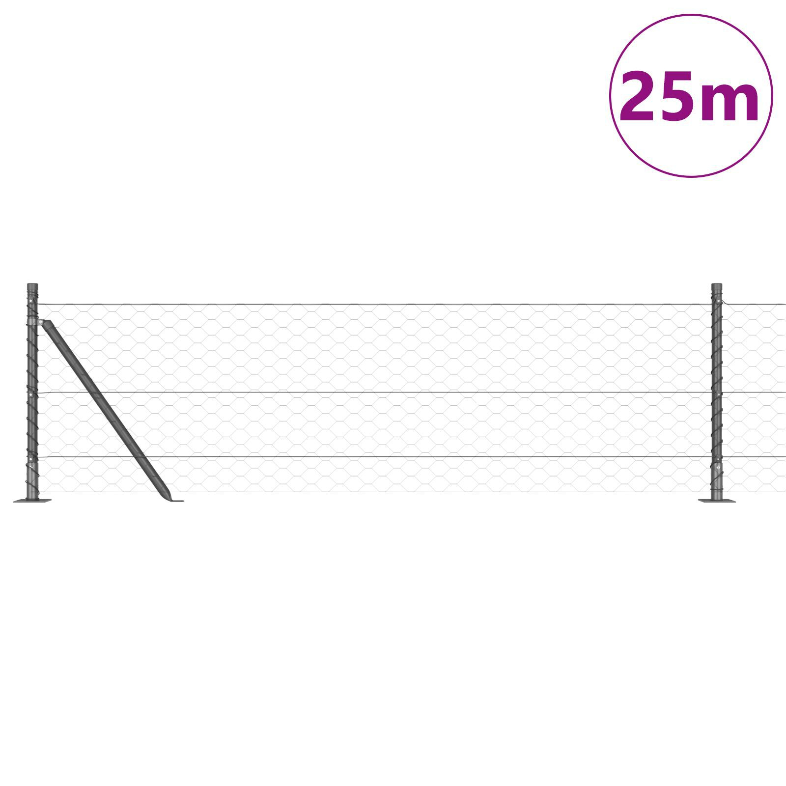 Gard Hexagonal  Gri 0.4x25 m Oțel, Stâlpi de gard  cu plăci de bază 13 buc Ø32mm 50cm Oțel galvanizat GartenMobel Dekor