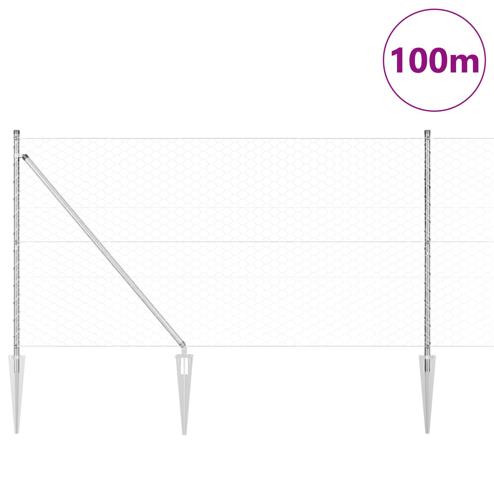 Îngrădire hexagonală  1x100 m din oțel galvanizat, Stâlpi de îngrădire  cu fixare în vârf 13 buc Ø32 mm 120 cm din oțel galvanizat GartenMobel Dekor