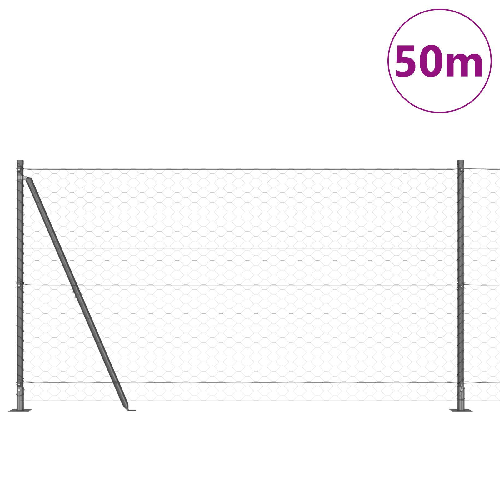 Îngrădire Hexagonală  Gri 1.2x50 m Oțel, Stâlpi de Îngrădire  cu Plăci de Bază 13 buc Ø32mm 68.5cm Oțel Galvanizat GartenMobel Dekor