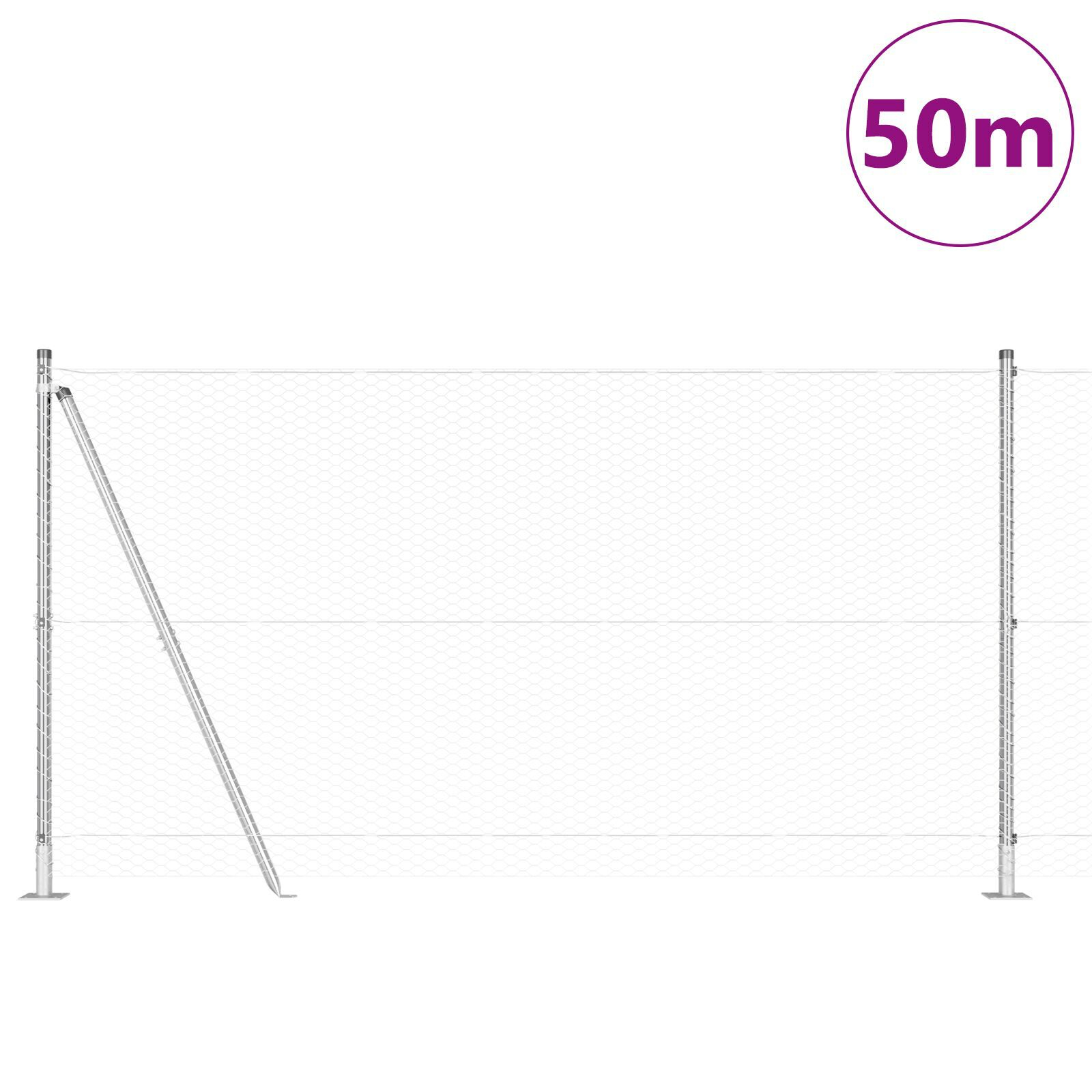 Plasa hexagonală  1.2x50 m Oțel galvanizat, Stâlpi de plasă  cu plăci de bază 13 buc Ø32mm 68.5cm Oțel galvanizat GartenMobel Dekor