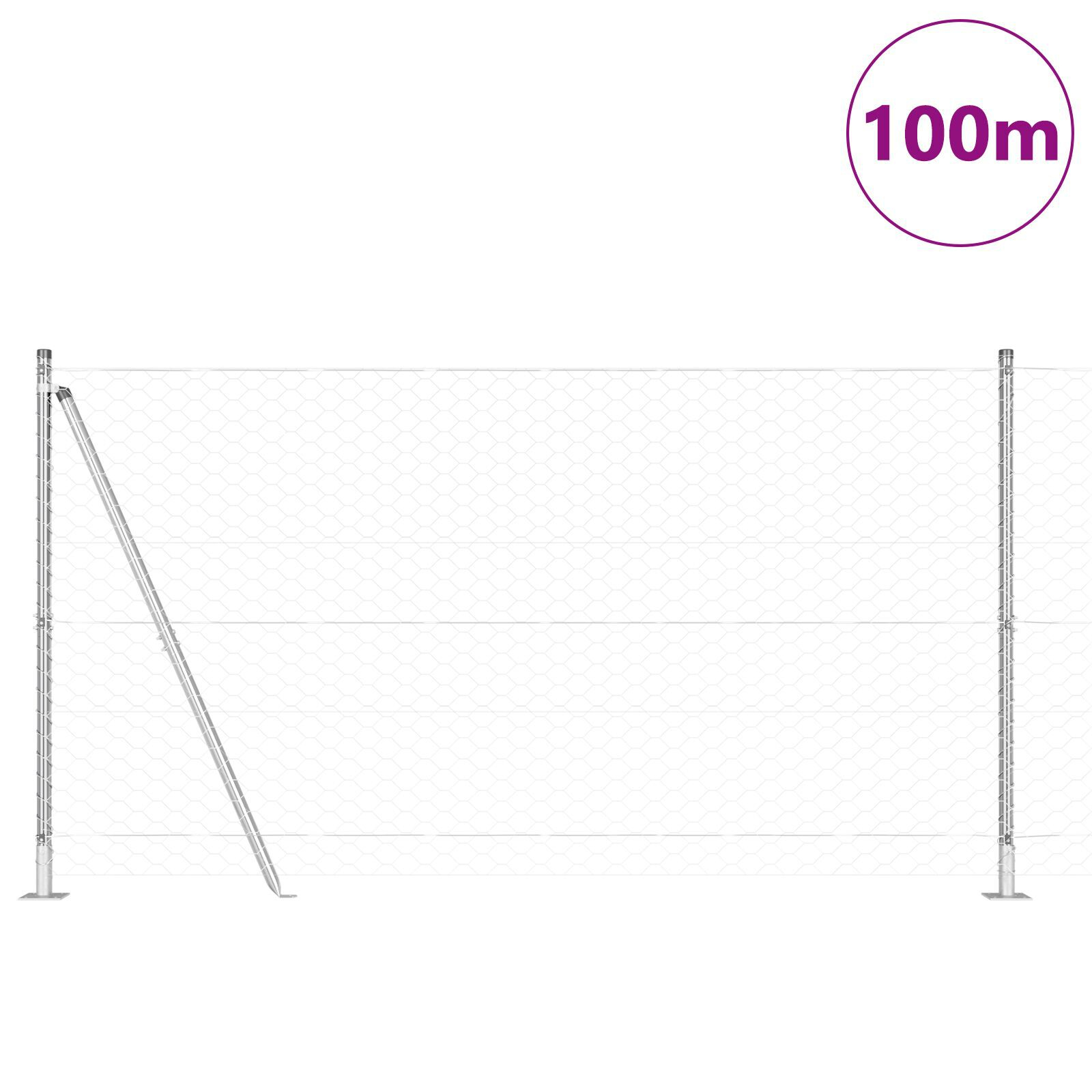 Gard hexagonal 1.6 x 100 m oțel galvanizat, Stâlpi de gard cu plăci de bază 13 pcs Ø32mm 88.5cm oțel galvanizat GartenMobel Dekor