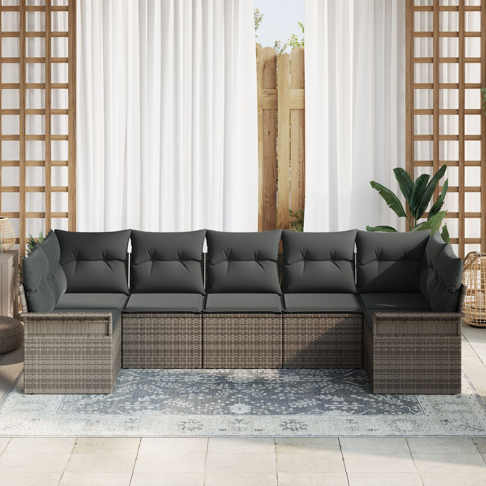 Set de canapea de grădină cu perne gri din ratan poli, Canapea de grădină cu două locuri, spațiu de stocare și perne gri din ratan poli GartenMobel Dekor