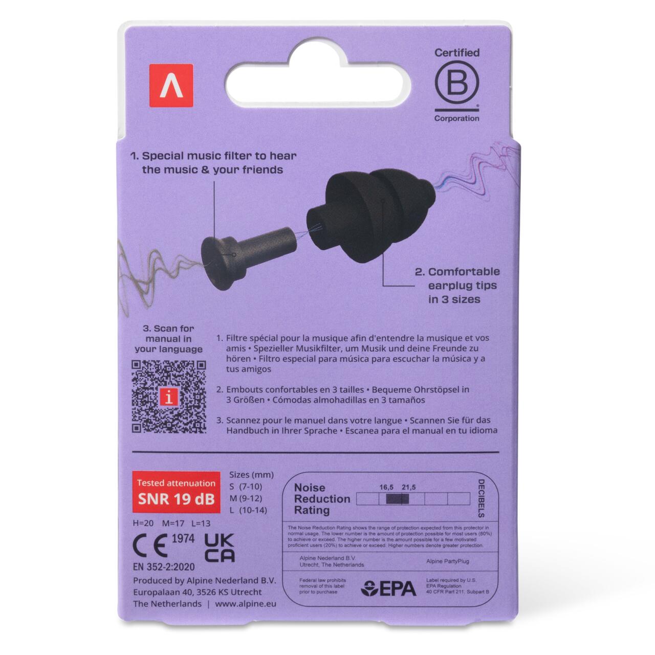 Dopuri de urechi cu filtru muzical pentru festivaluri si concerte, 3 dimensiuni incluse (S/M/L), protectie zgomote SNR 19dB, reutilizabile, negre, ALPINE PartyPlug 2025 ALP20054 Children SafetyCare