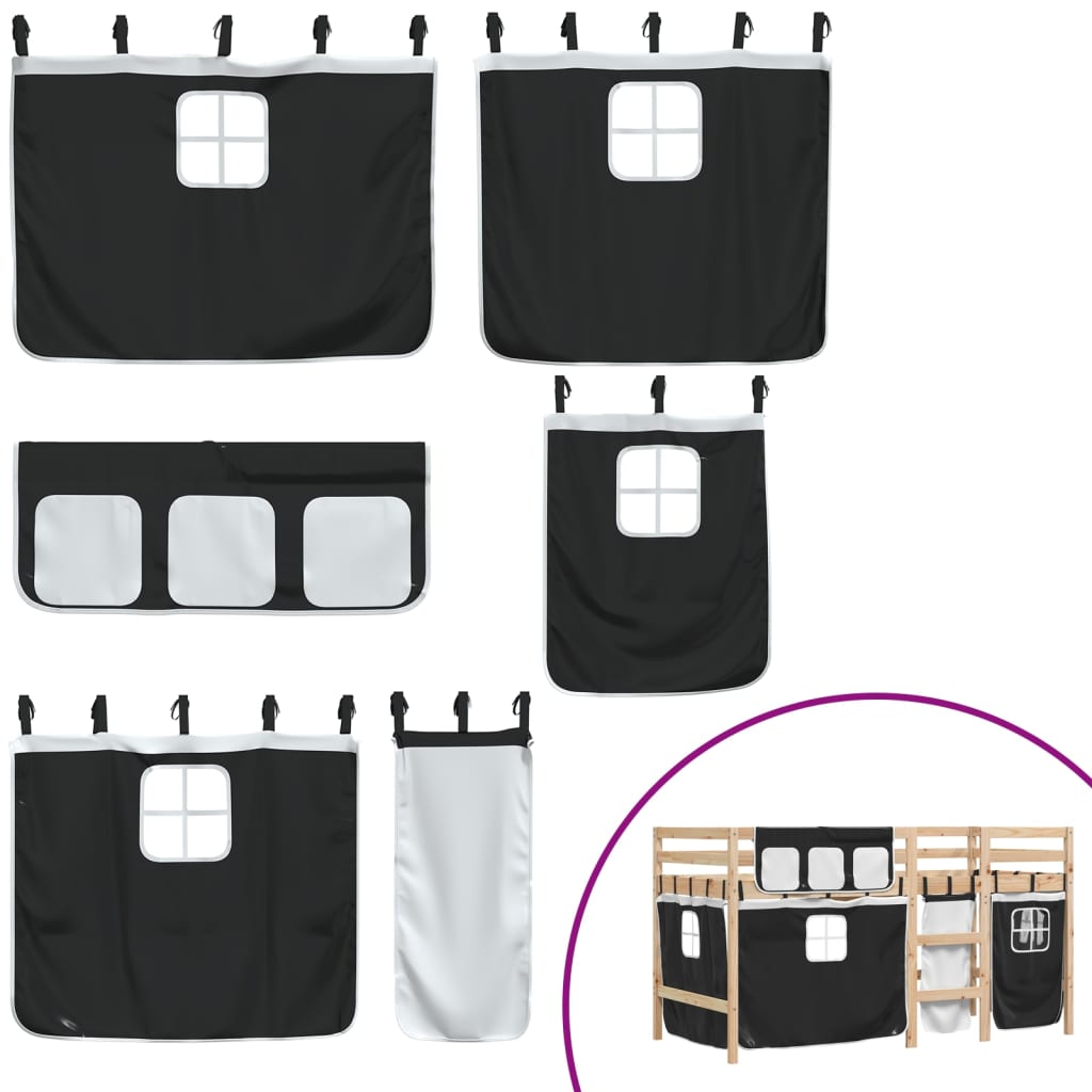 Pat etajat de copii perdele, alb/negru 90x200 cm lemn masiv pin GartenMobel Dekor