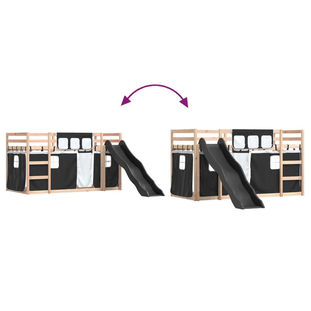 Pat supraetajat cu tobogan și perdele, alb și negru, 90x190 cm GartenMobel Dekor