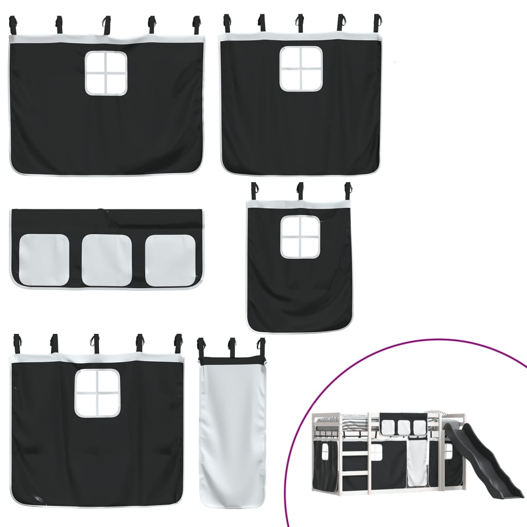 Pat supraetajat cu tobogan și perdele, alb și negru, 90x190 cm GartenMobel Dekor