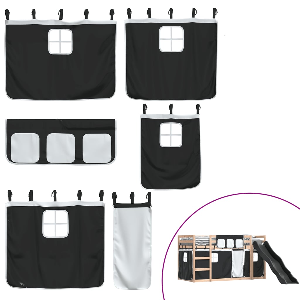 Pat supraetajat cu tobogan și perdele, alb și negru, 90x190 cm GartenMobel Dekor