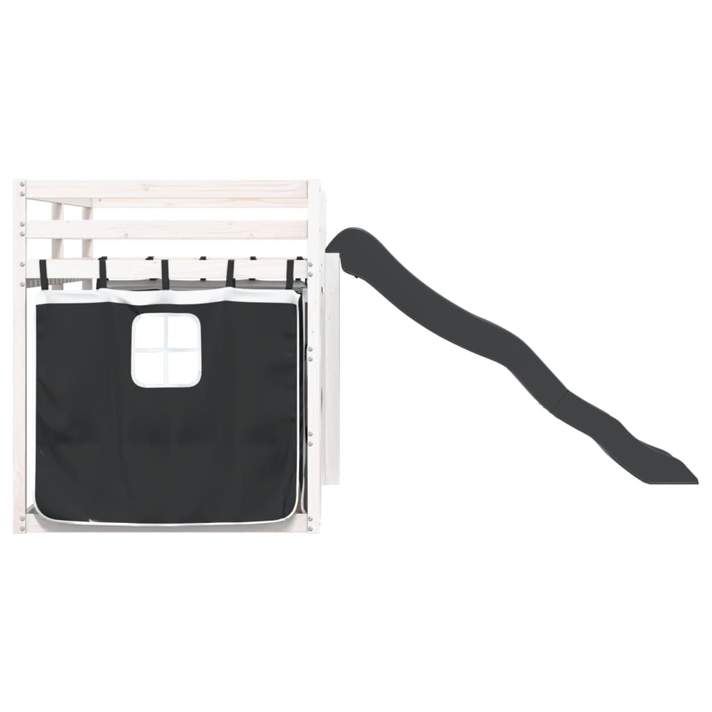 Pat supraetajat cu tobogan și perdele, alb și negru, 90x190 cm GartenMobel Dekor