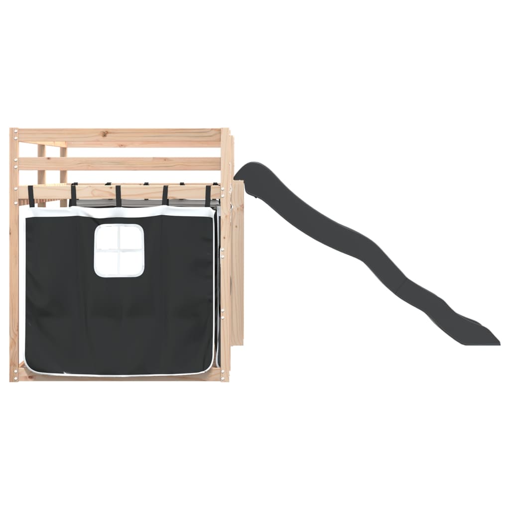 Pat supraetajat cu tobogan și perdele, alb și negru, 90x190 cm GartenMobel Dekor