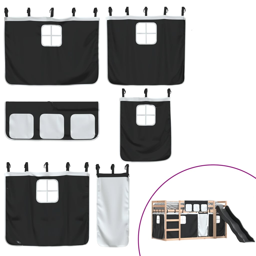 Pat supraetajat cu tobogan și perdele, alb și negru, 90x200 cm GartenMobel Dekor