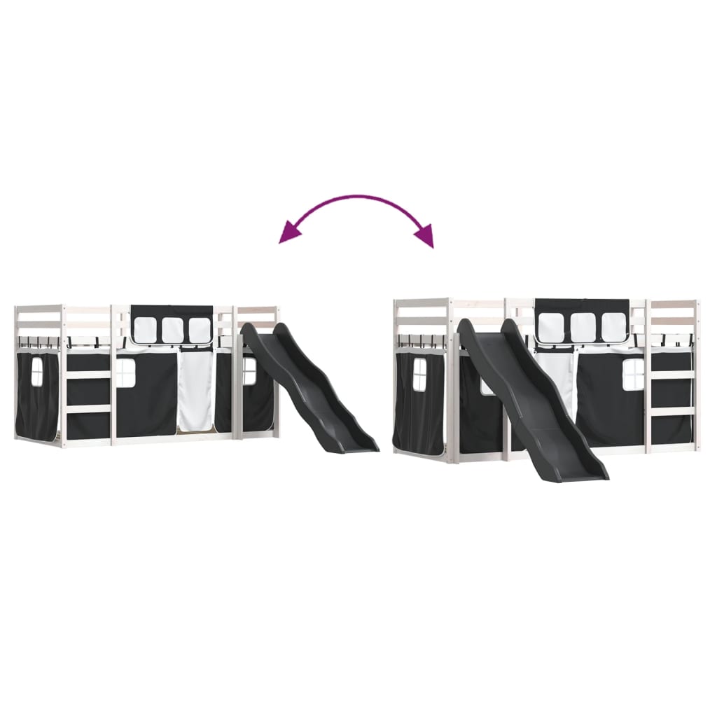 Pat supraetajat cu tobogan și perdele, alb și negru, 90x200 cm GartenMobel Dekor