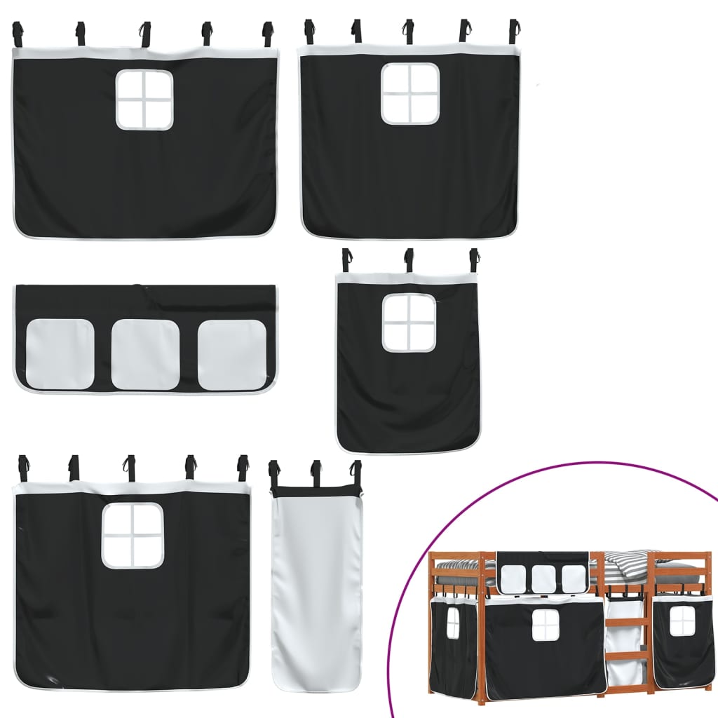 Pat supraetajat de copii perdele, alb/negru, 75x190 cm lemn pin GartenMobel Dekor