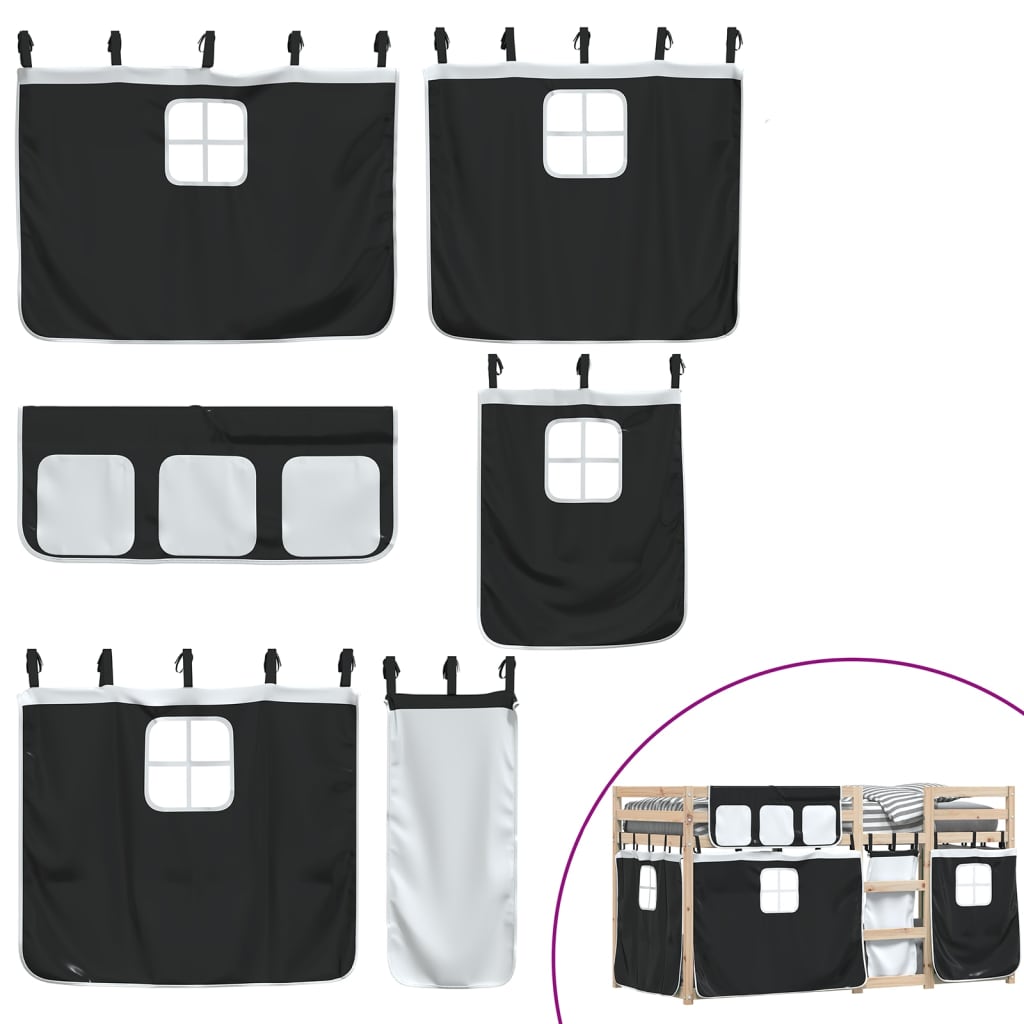 Pat supraetajat de copii perdele, alb/negru, 75x190 cm lemn pin GartenMobel Dekor