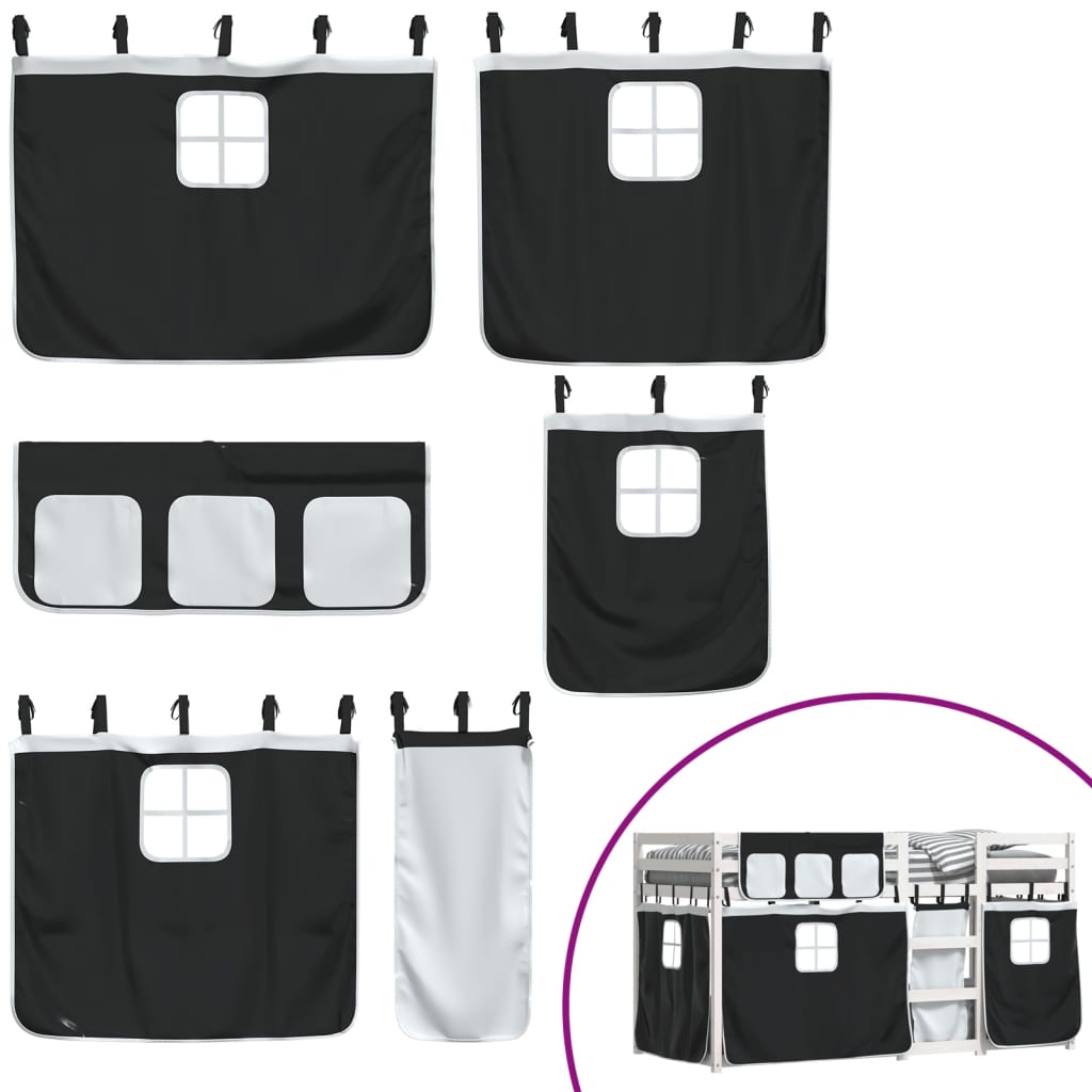 Pat supraetajat de copii perdele, alb/negru, 80x200 cm lemn pin GartenMobel Dekor