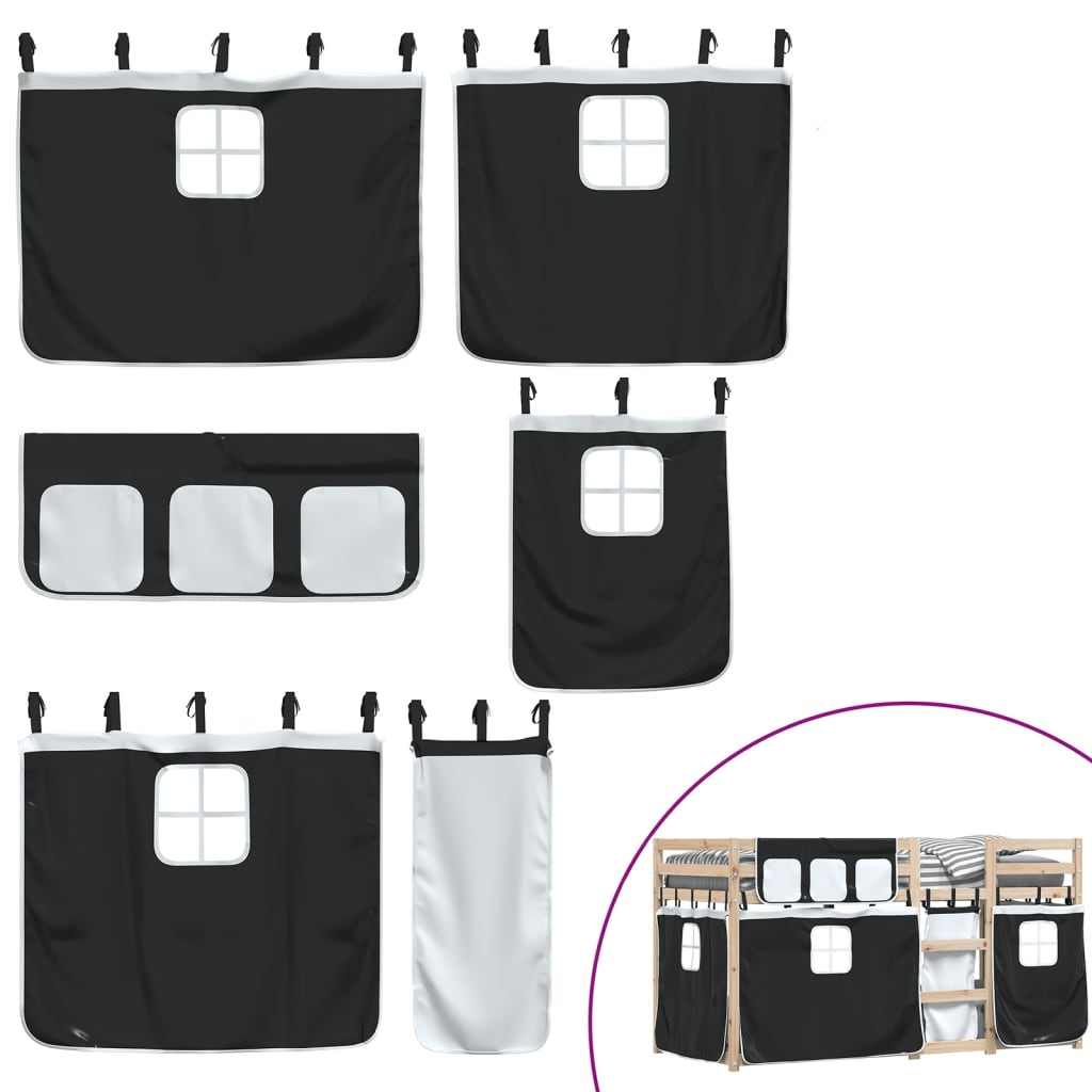 Pat supraetajat de copii perdele, alb/negru, 80x200 cm lemn pin GartenMobel Dekor