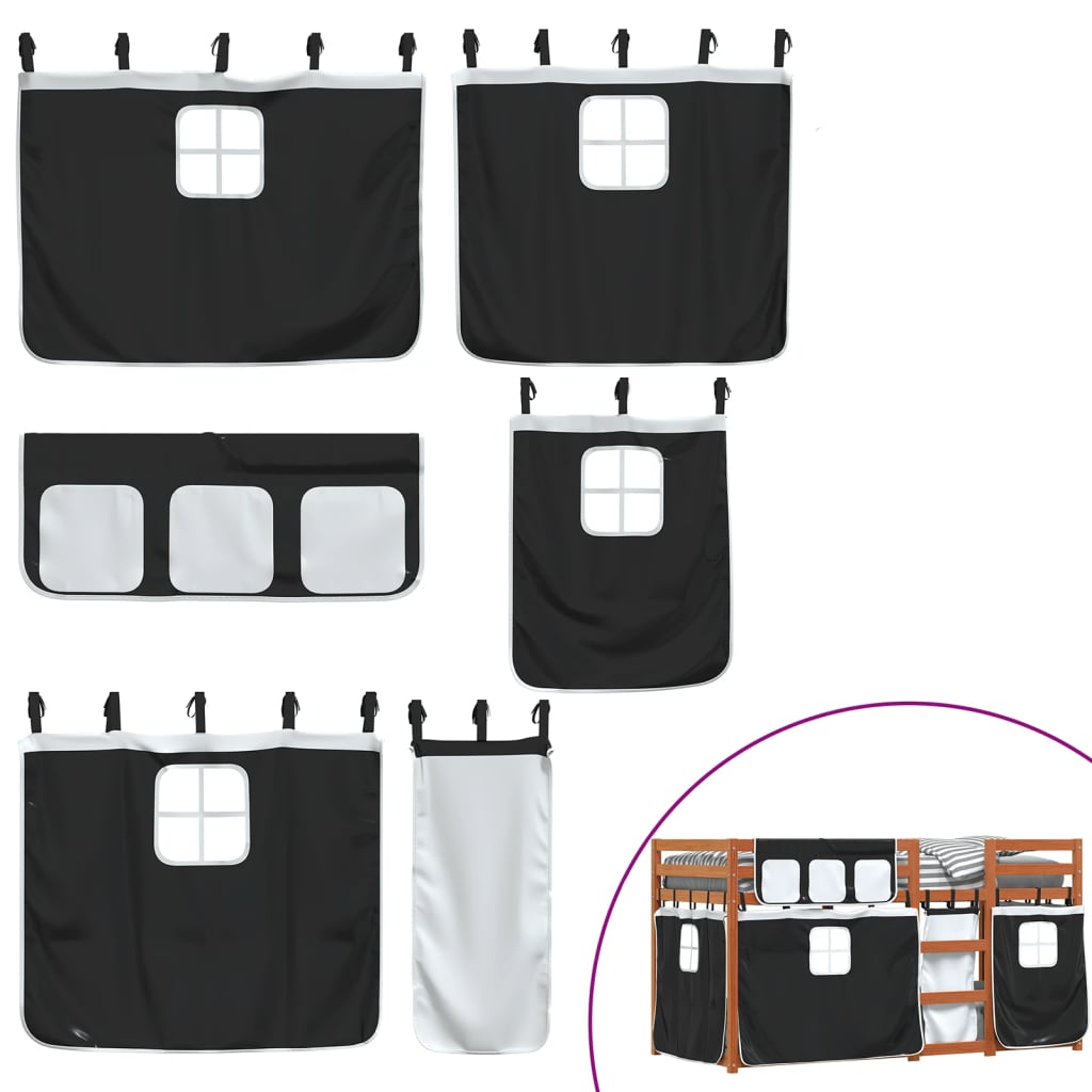 Pat supraetajat de copii perdele, alb/negru, 80x200 cm lemn pin GartenMobel Dekor