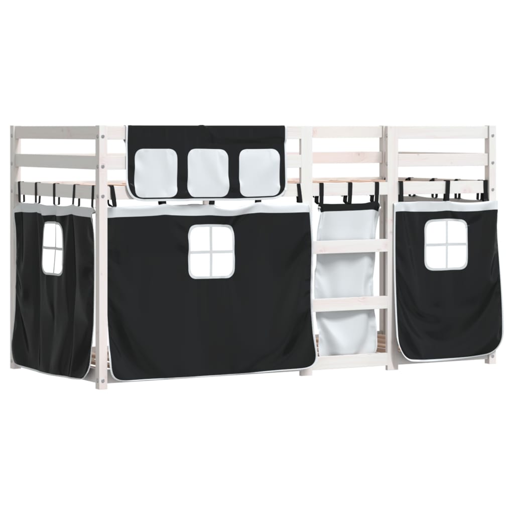 Pat supraetajat de copii perdele, alb/negru, 90x200 cm lemn pin GartenMobel Dekor