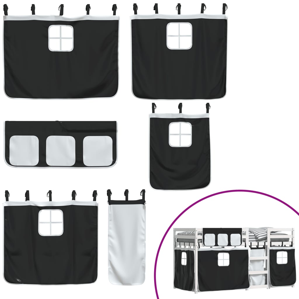 Pat supraetajat de copii perdele, alb/negru, 90x200 cm lemn pin GartenMobel Dekor