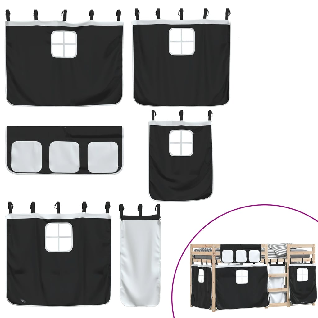 Pat supraetajat de copii perdele, alb/negru, 90x200 cm lemn pin GartenMobel Dekor