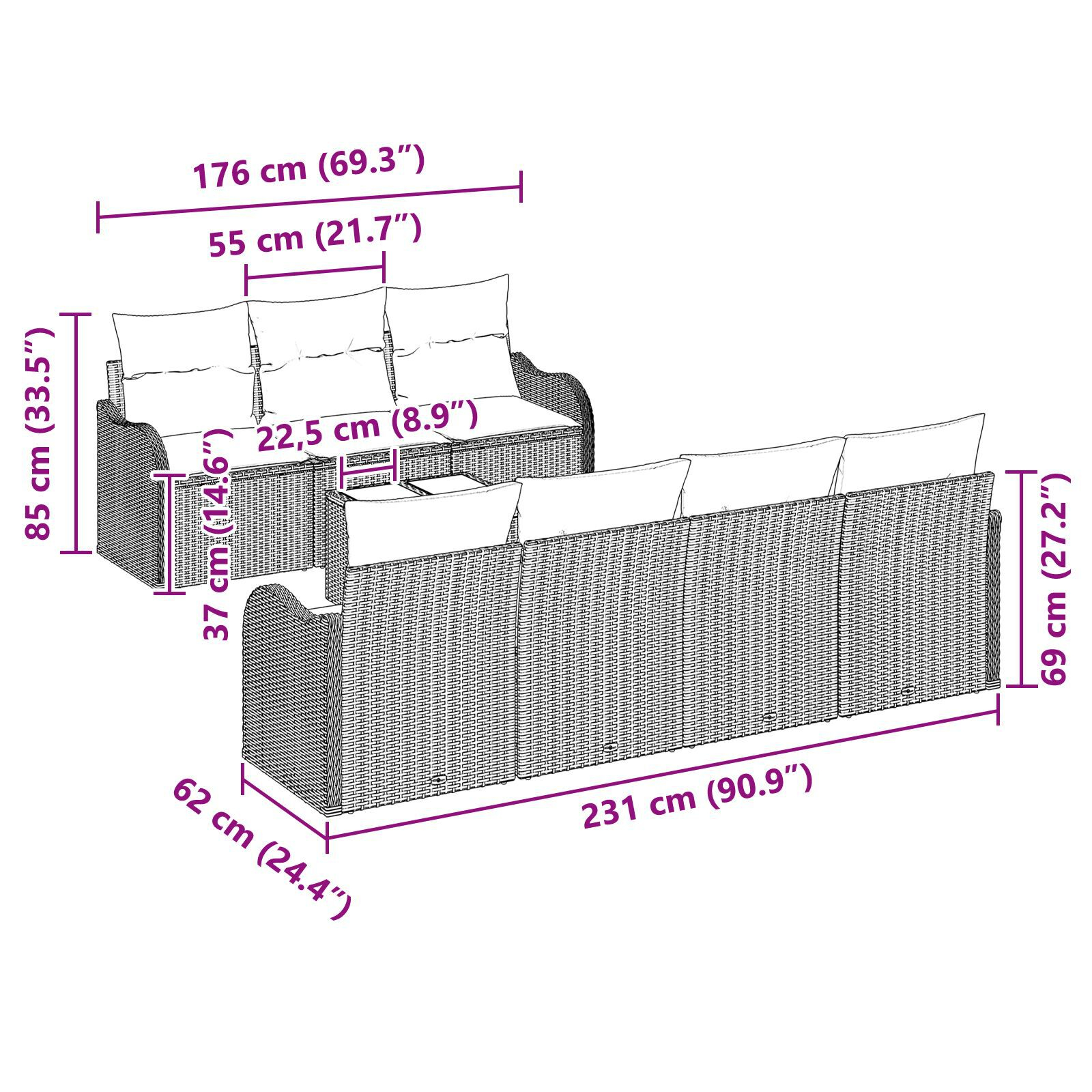 Set de Canape în 8 Piese de Grădină cu Perne Gri Deschis din Ratan Poli, Canapea de Grădină în 2 Piese cu Depozitare și Perne Gri Deschis din Ratan Poli GartenMobel Dekor