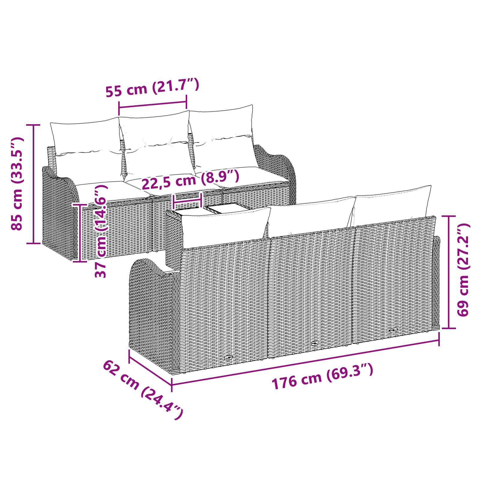 Set de Sofas pentru Grădină 7 Piese cu Perne Poliratan Negru, Sofa de Grădină 2-Șezlonguri cu Spațiu de Stocare și Perne Poliratan Negru GartenMobel Dekor