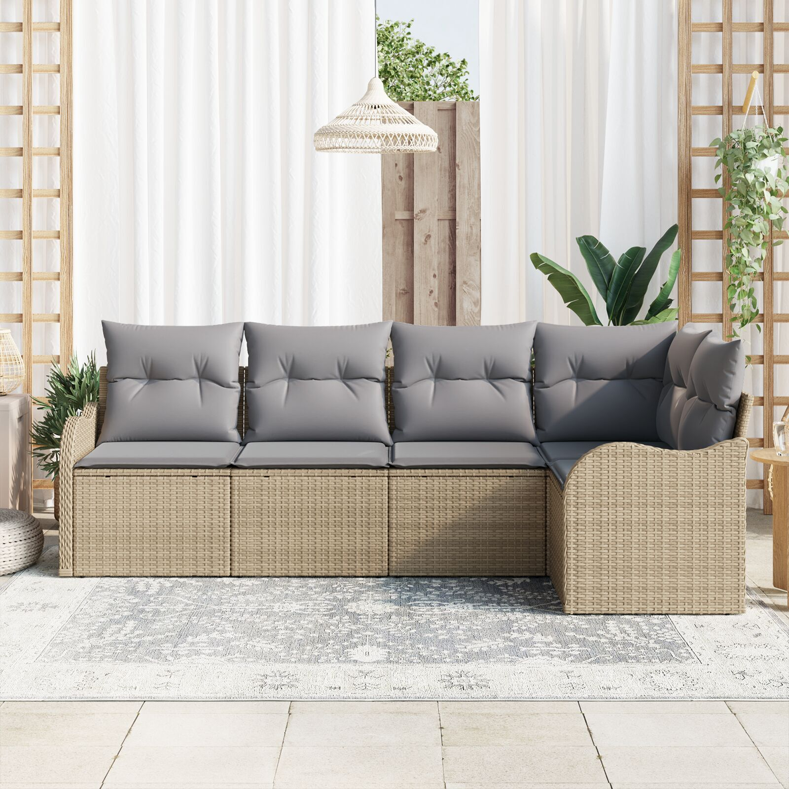 Set de canapea de grădină 5 piese cu perne bej din poli ratan, Canapea de grădină cu 2 locuri cu spațiu de stocare și perne bej din poli ratan GartenMobel Dekor