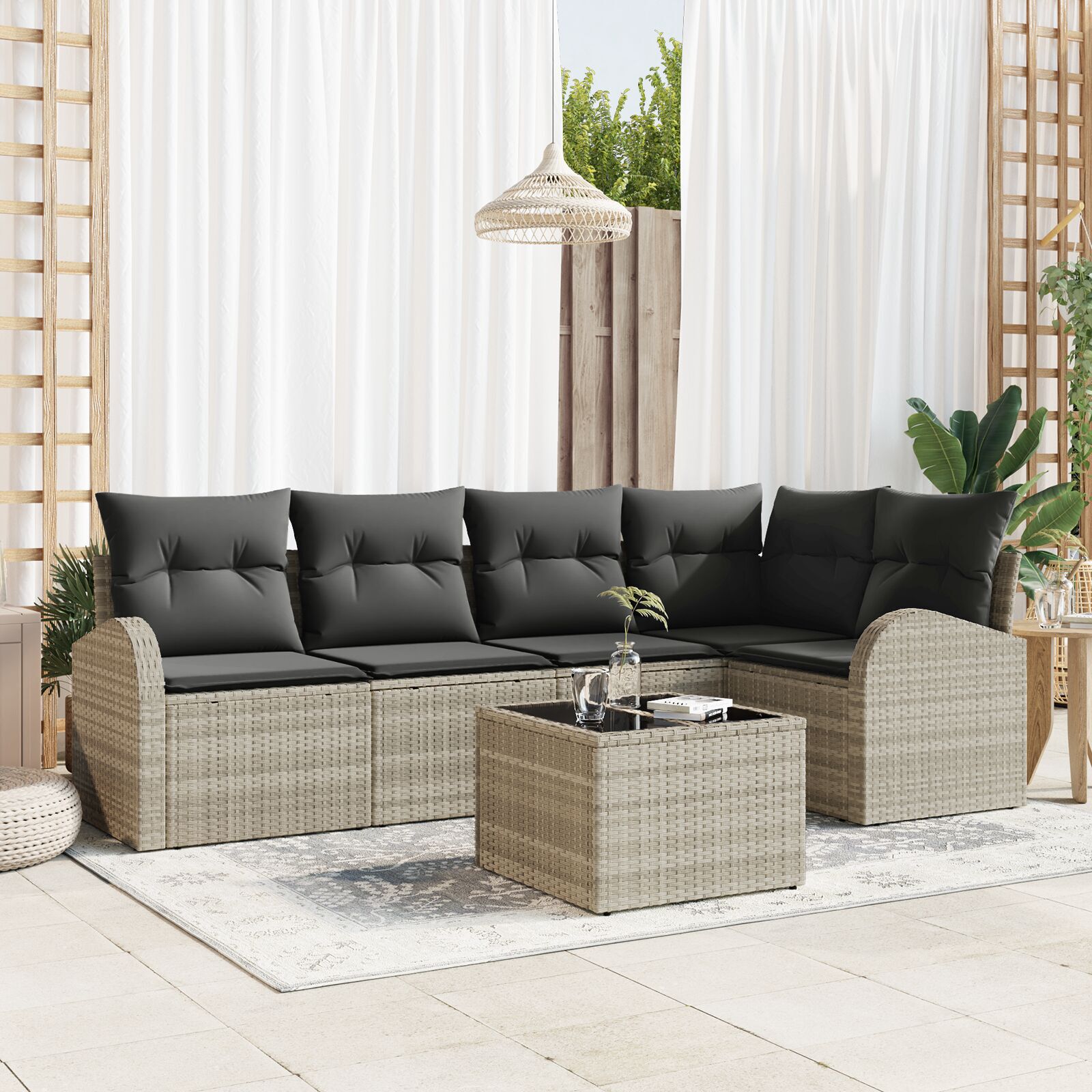 Set Sofa Grădină cu 6 Piese cu Perne Gri Poli Ratan, Sofa Grădină pentru 2 Persoane cu Spațiu de Stocare și Perne Gri Deschis Poli Ratan GartenMobel Dekor