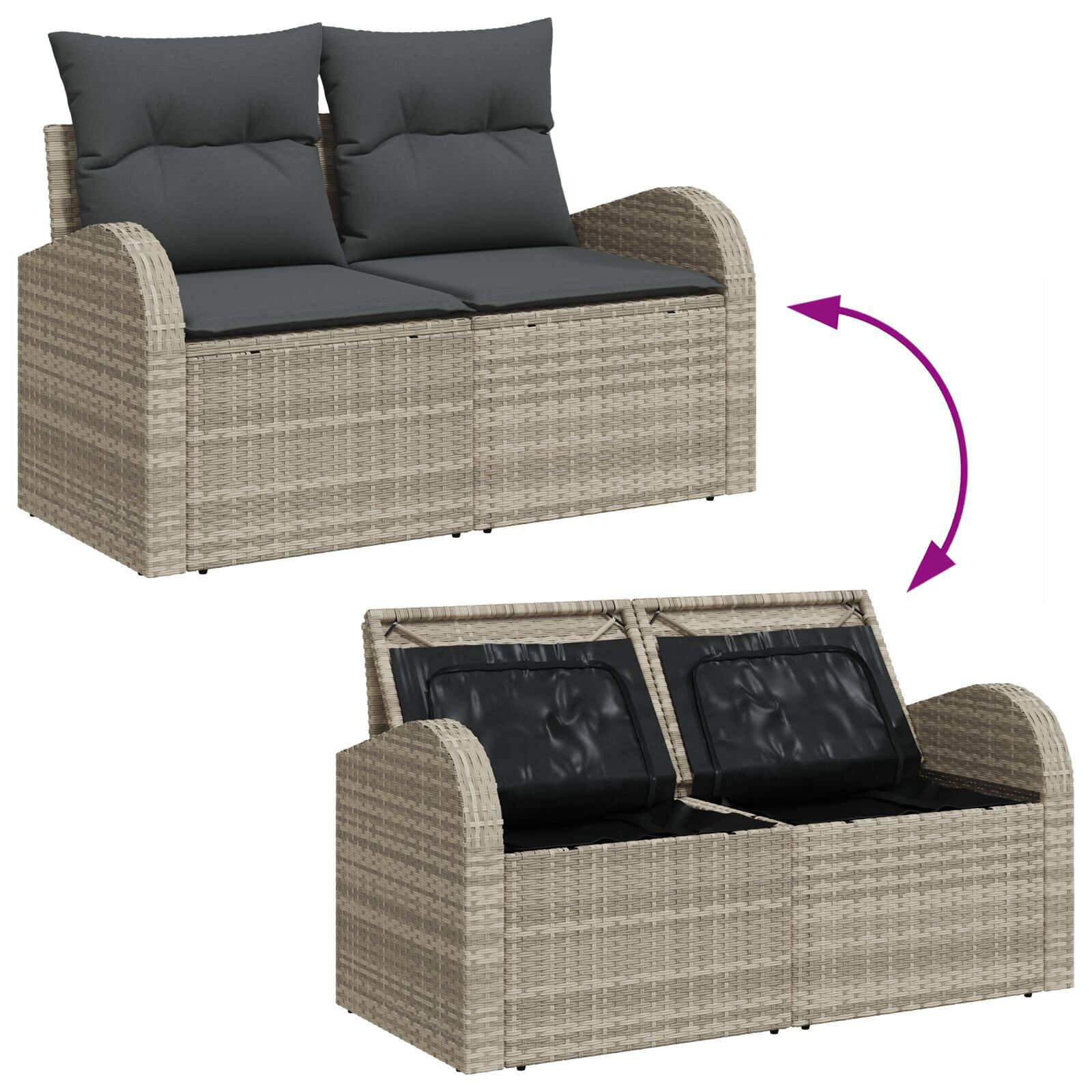 Set Sofa Grădină cu 6 Piese cu Perne Gri Poli Ratan, Sofa Grădină pentru 2 Persoane cu Spațiu de Stocare și Perne Gri Deschis Poli Ratan GartenMobel Dekor