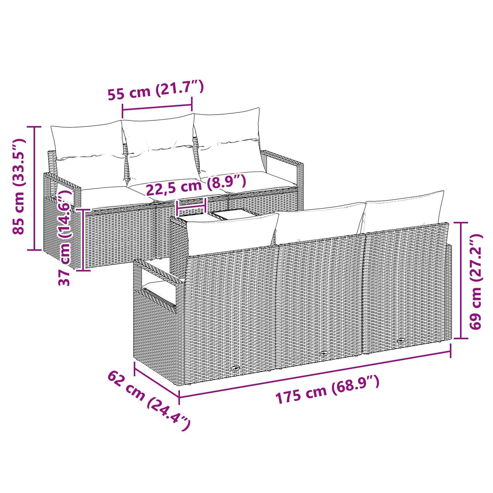Set de fotolii pentru grădină cu perne Gri deschis Ratan poli, Sofa de grădină cu depozitare și perne Gri Ratan poli GartenMobel Dekor