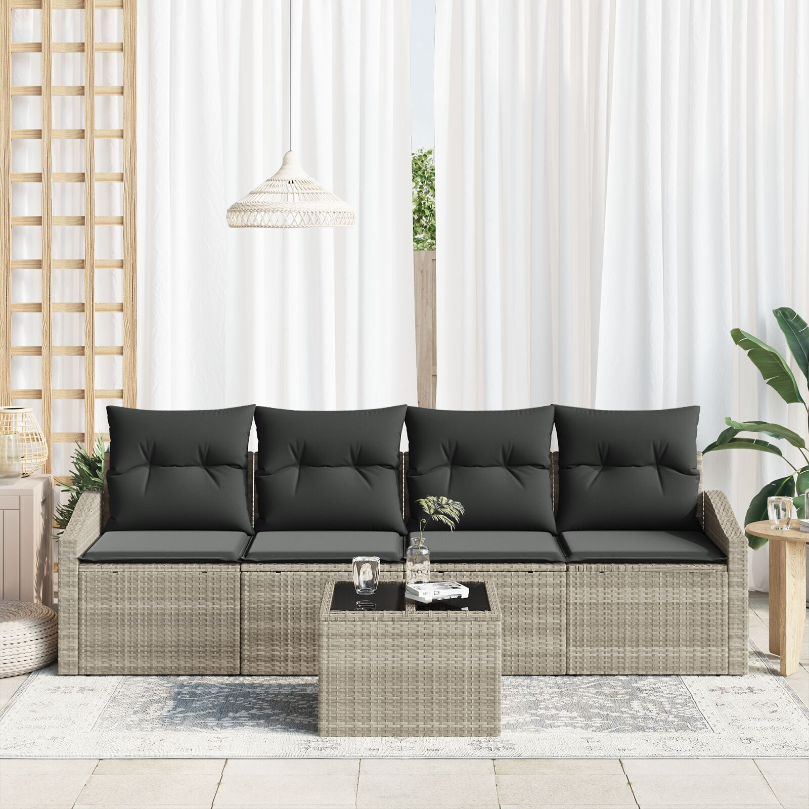 Set de dining grădină 5 piese cu perne gri deschis din poliratan GartenMobel Dekor