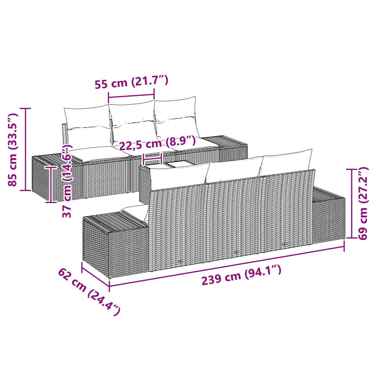 Set de canapea de grădină cu 7 piese și perne din ratan negru GartenMobel Dekor