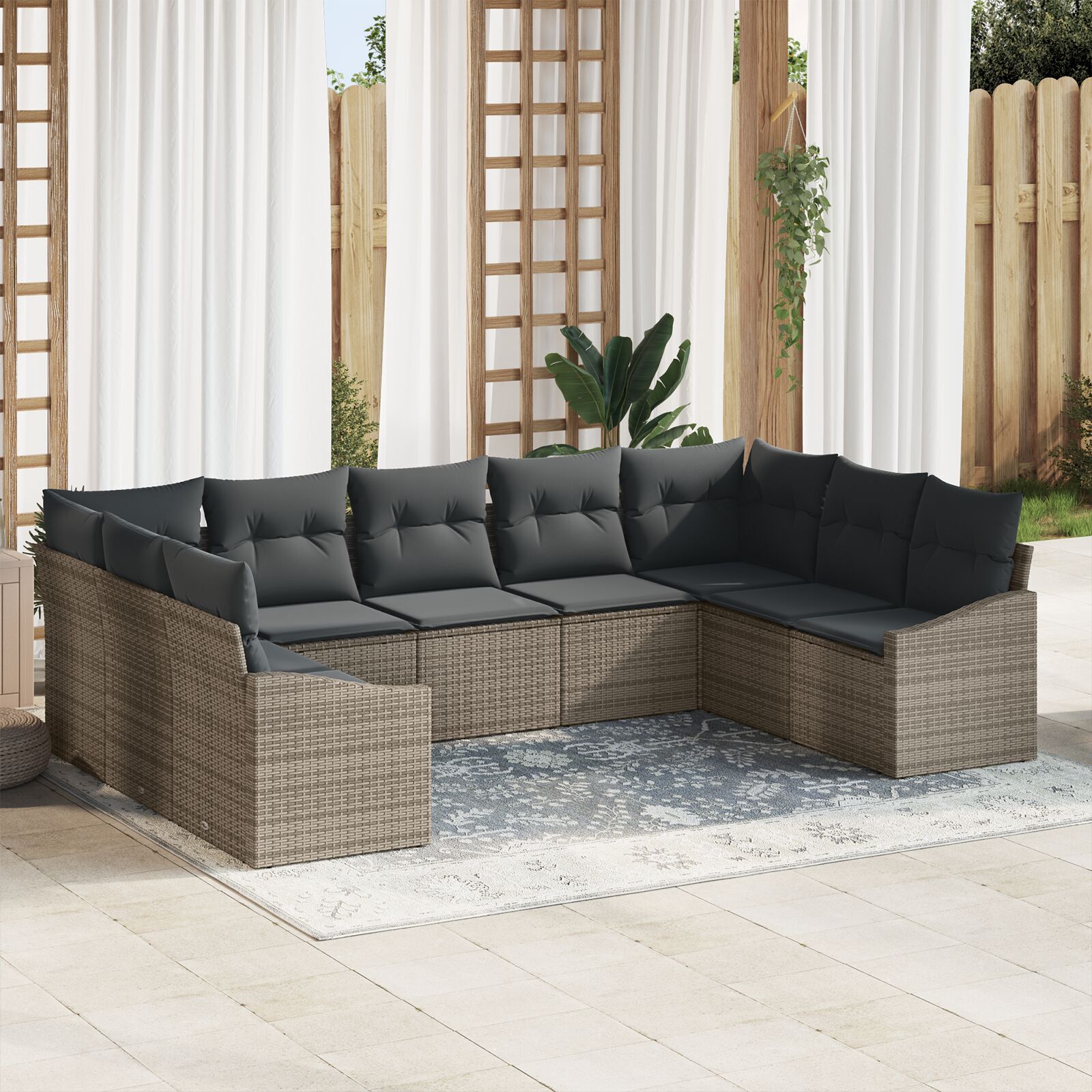 Set de masă de grădină cu 9 piese și perne, gri, din ratan GartenMobel Dekor