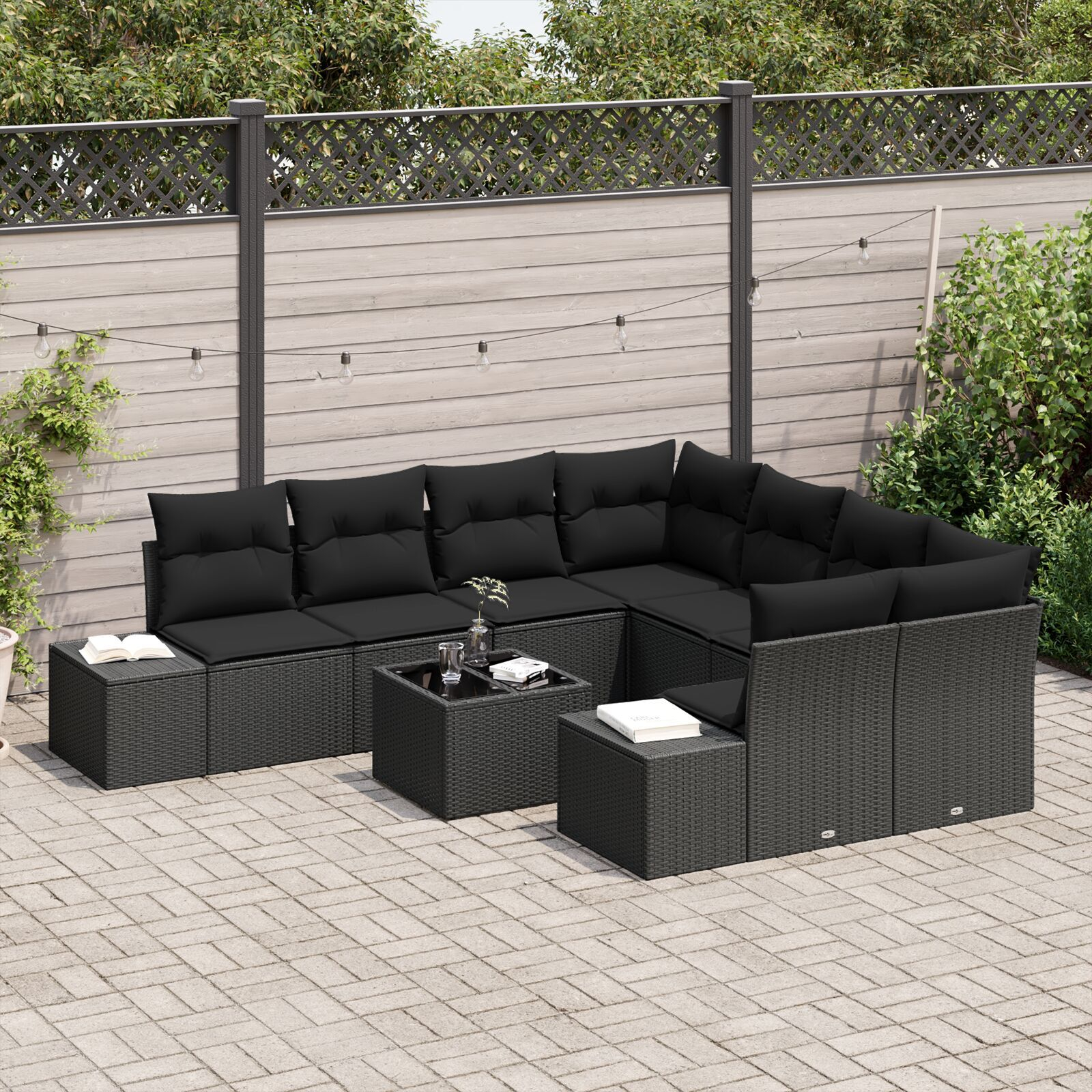 Set de canapea de grădină 9 piese cu perne Negru Poliratan GartenMobel Dekor