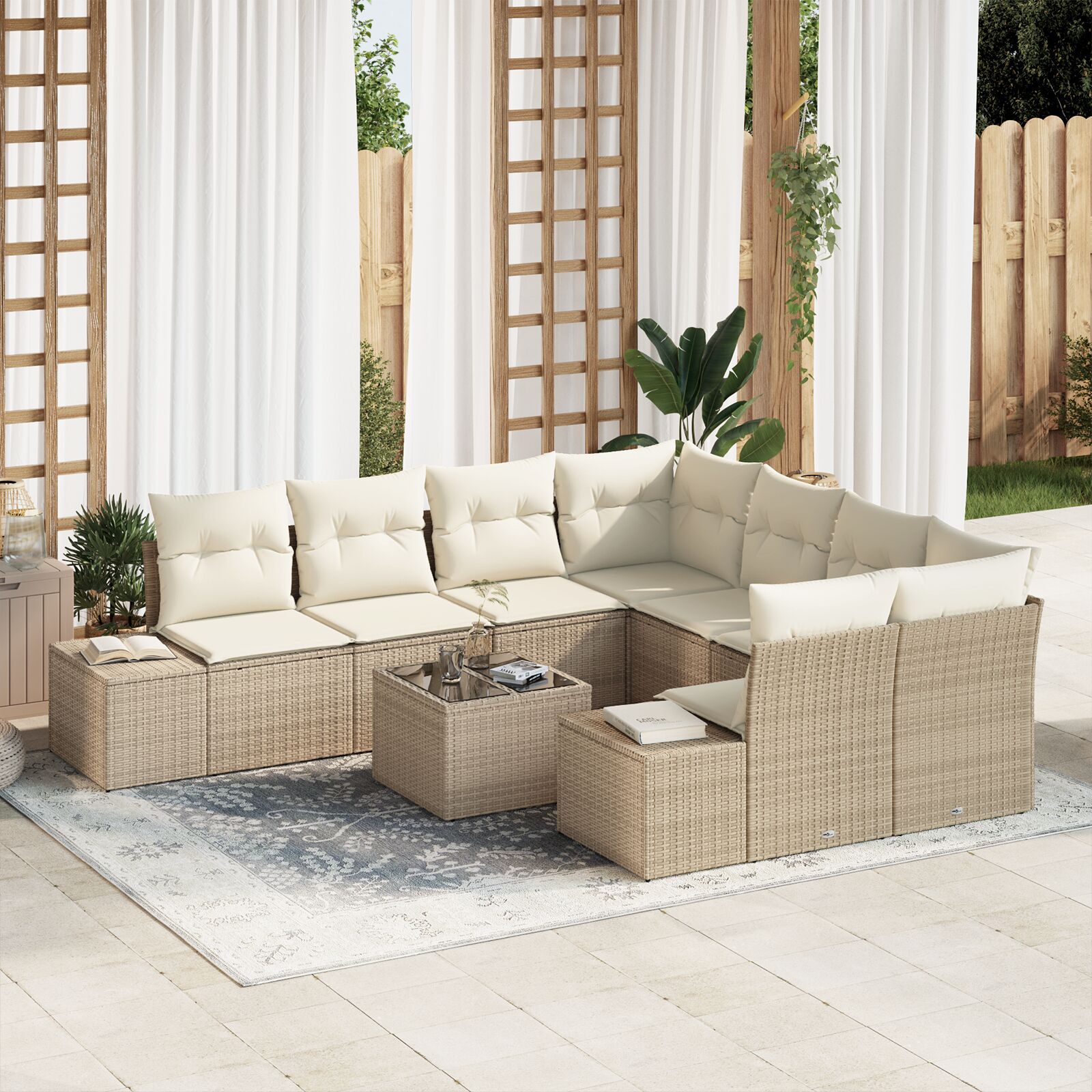 Set de sofa de grădină de 9 piese cu perne Bej din ratan poli GartenMobel Dekor