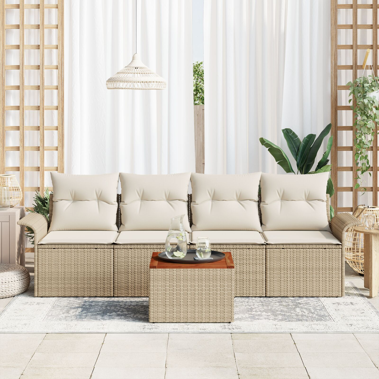 Set de Sofas pentru Grădină de 5 Piese cu Pernuțe Bej din Ratan Poly și Acacia, Sofa de Grădină cu 2 Locuri cu Spațiu de Depozitare și Pernuțe Bej din Ratan Poly GartenMobel Dekor