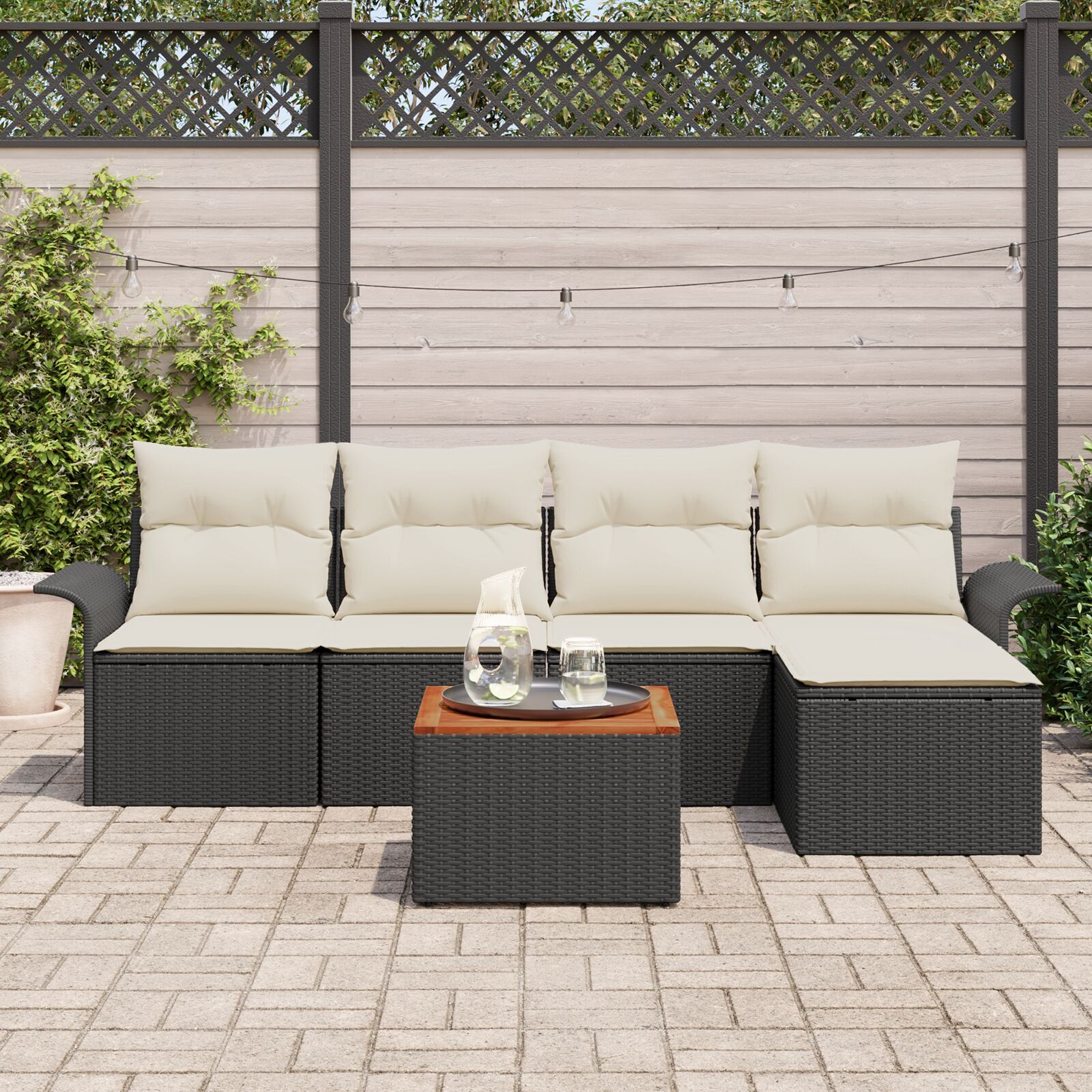 Set de 6 Piese Sofa Grădină cu Perne Negru Poliratan Acacia, Sofa Grădină cu 2 Locuri cu Spațiu de Stocare și Perne Negru Poliratan GartenMobel Dekor