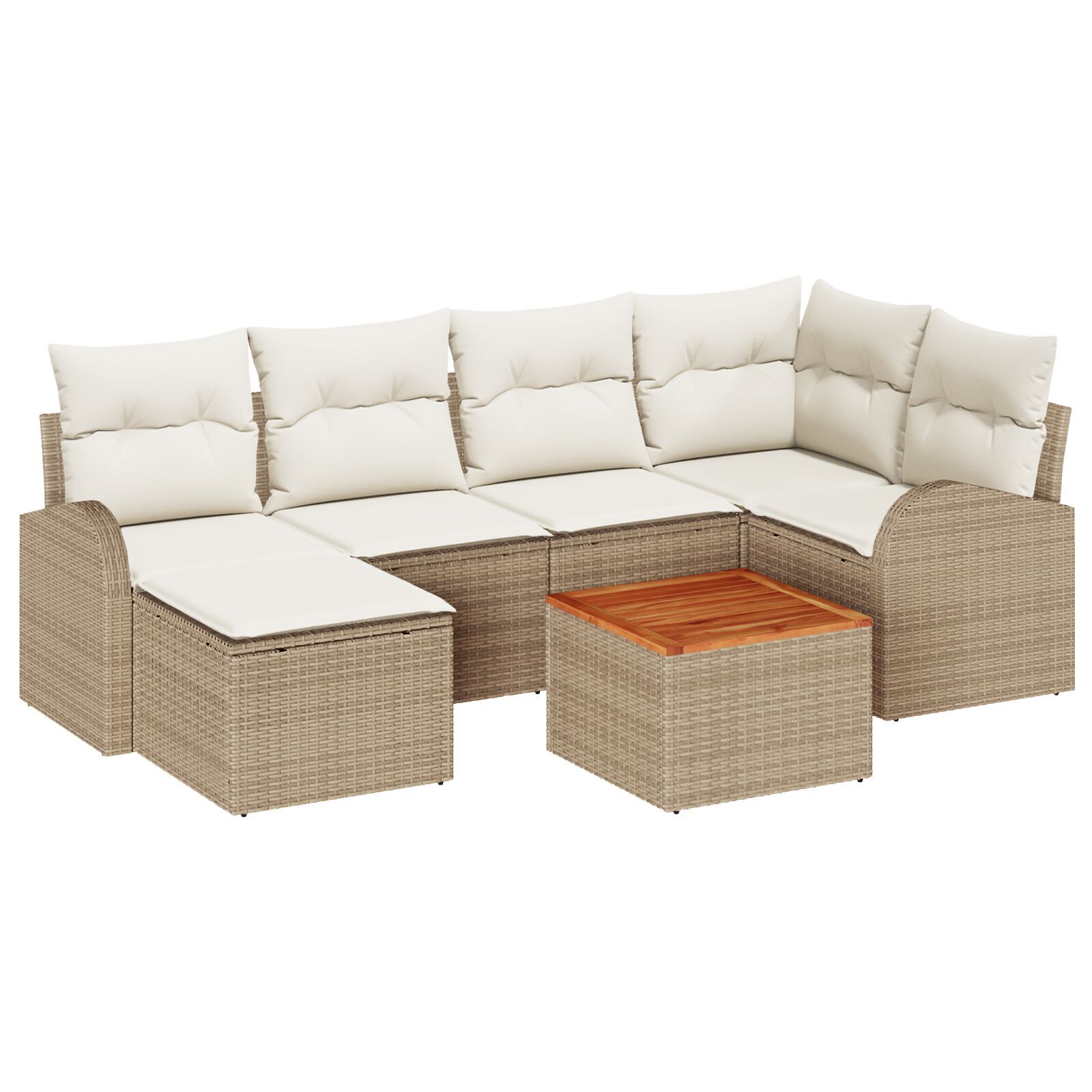 Set de Sofa pentru Grădină cu 7 Piese și Perne Bej Ratan Polimeric Acacia, Sofa de Grădină pentru 2 Persoane cu Spațiu de Depozitare și Perne Bej Ratan Polimeric GartenMobel Dekor