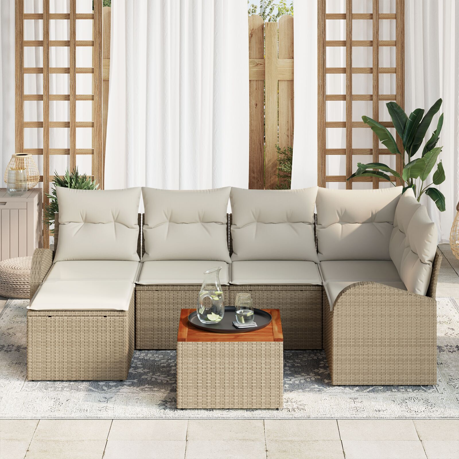 Set de Sofa pentru Grădină cu 7 Piese și Perne Bej Ratan Polimeric Acacia, Sofa de Grădină pentru 2 Persoane cu Spațiu de Depozitare și Perne Bej Ratan Polimeric GartenMobel Dekor