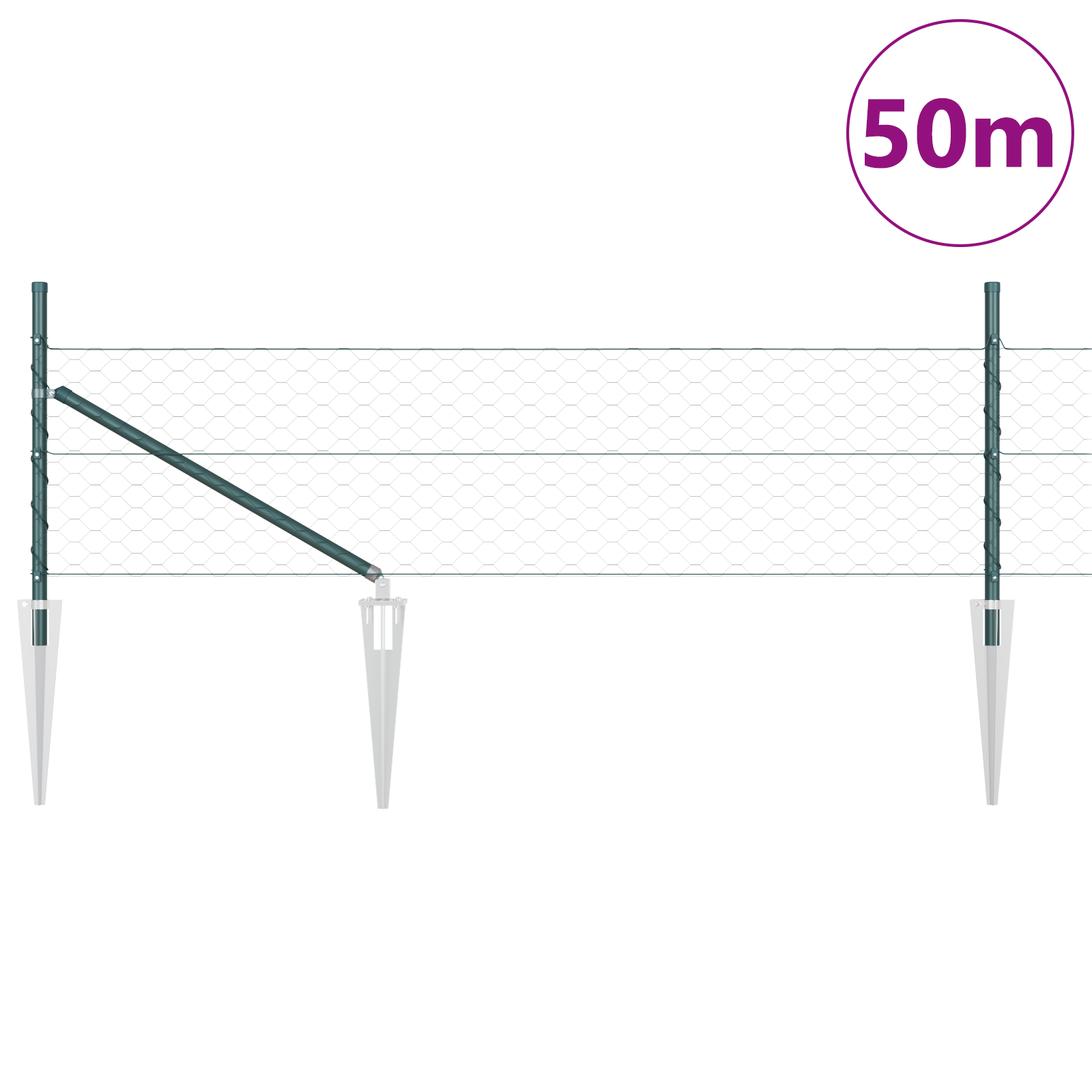 Gard Hexagonal  Verde 0.5x50 m Oțel, Stâlpi pentru Gard  cu Spike 13 buc Ø32 mm 80 cm Oțel Galvanizat GartenMobel Dekor