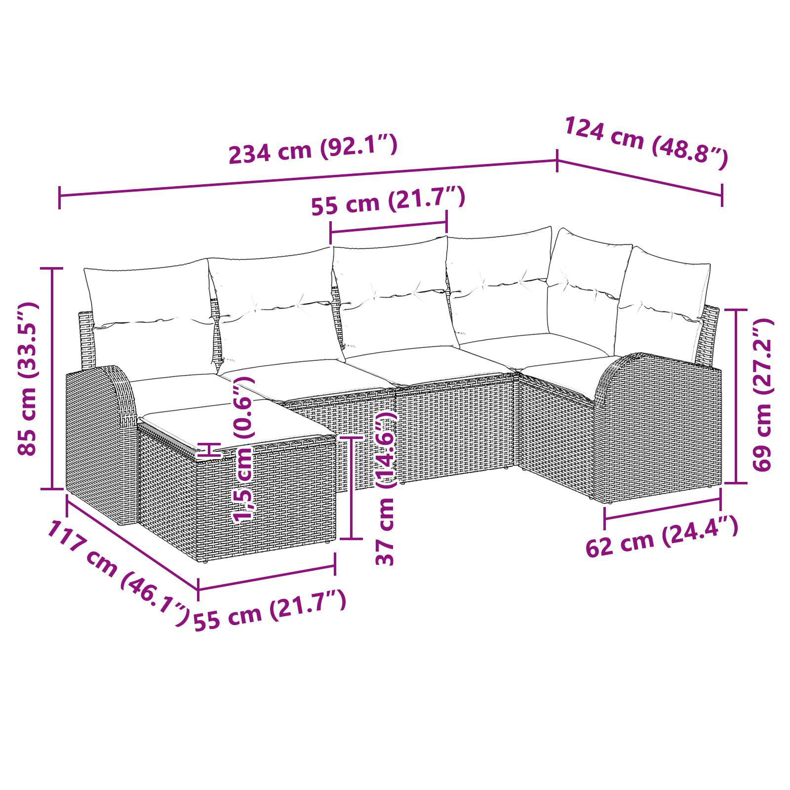 Set de 6 piese canapea de grădină cu perne maro din ratan poliester, Canapea de grădină cu două locuri cu spațiu de depozitare și perne maro din ratan poliester GartenMobel Dekor