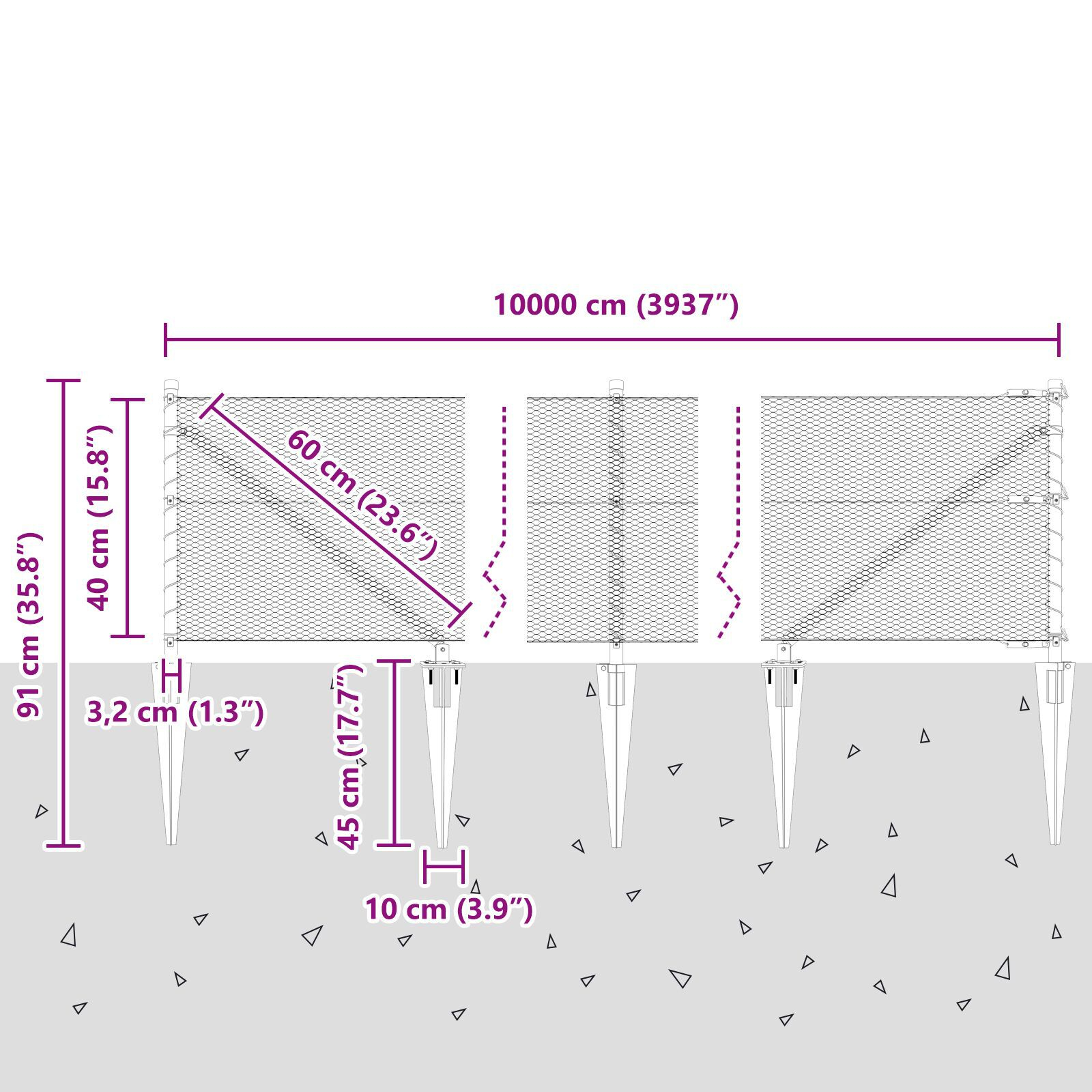 Împrejmuire Hexagon  Gri 0.4x100 m Oțel, Stâlpi pentru Împrejmuire  cu Vârf 13 buc Ø32 mm 60 cm Oțel Galvanizat GartenMobel Dekor