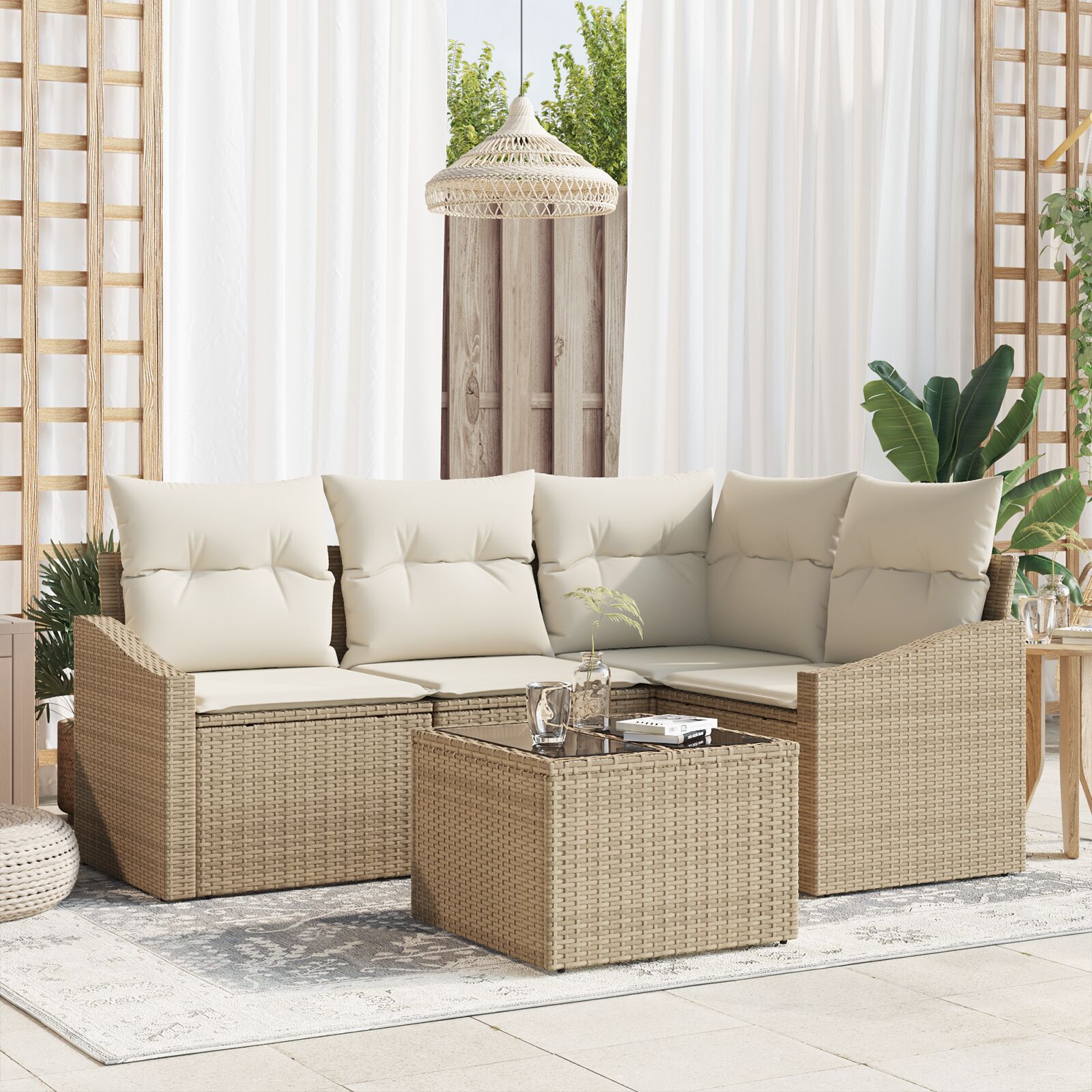 Set de dining pentru grădină cu 5 piese și perne, Brown Poly Rattan GartenMobel Dekor