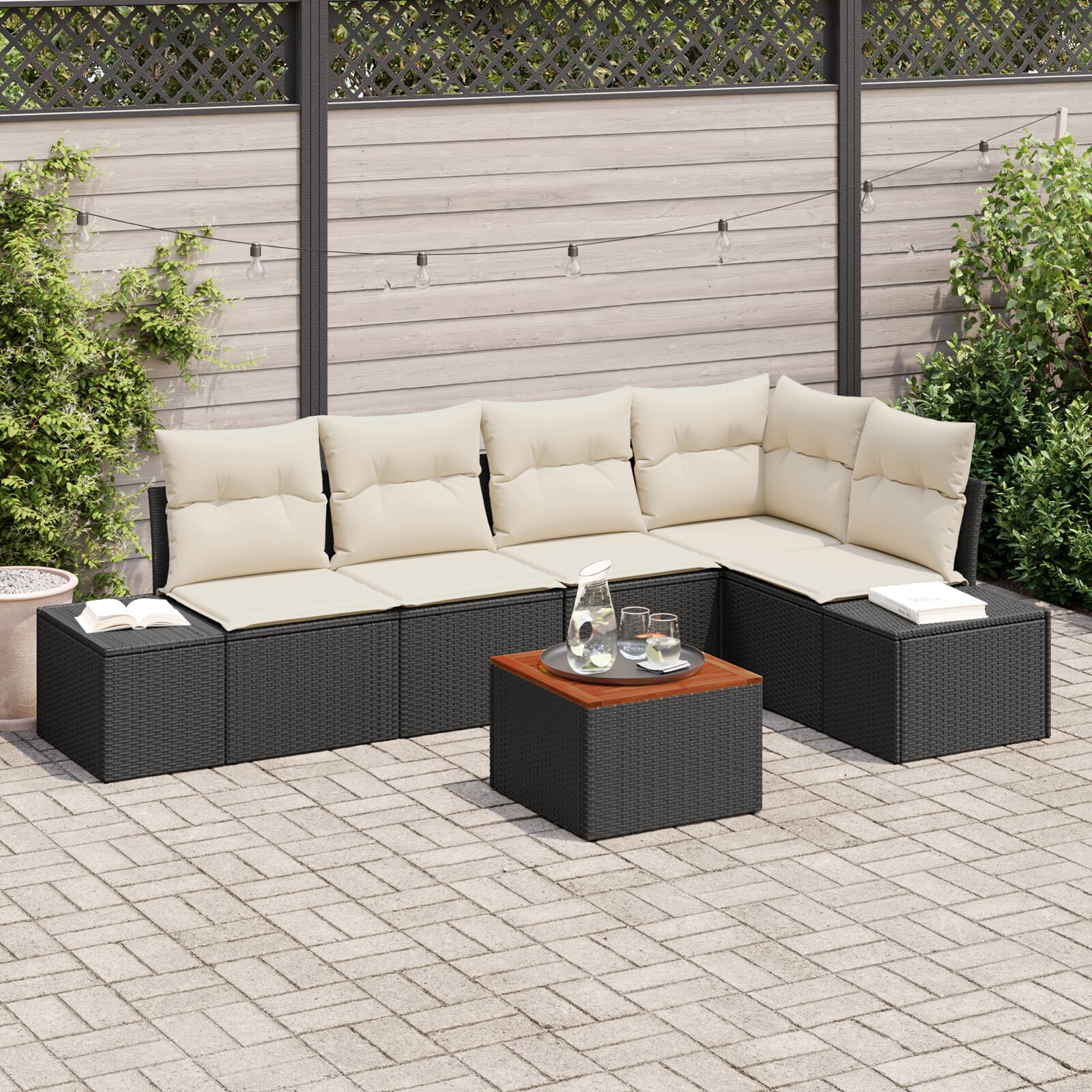 Set Sofa Grădină cu Perne Negre Poliratan Acacia GartenMobel Dekor
