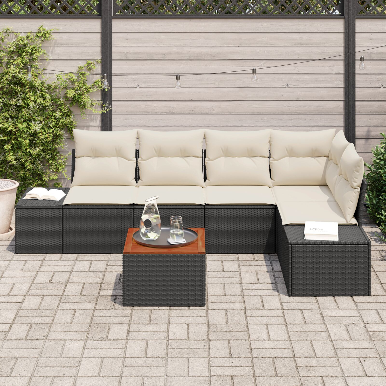 Set Sofa Grădină cu Perne Negre Poliratan Acacia GartenMobel Dekor