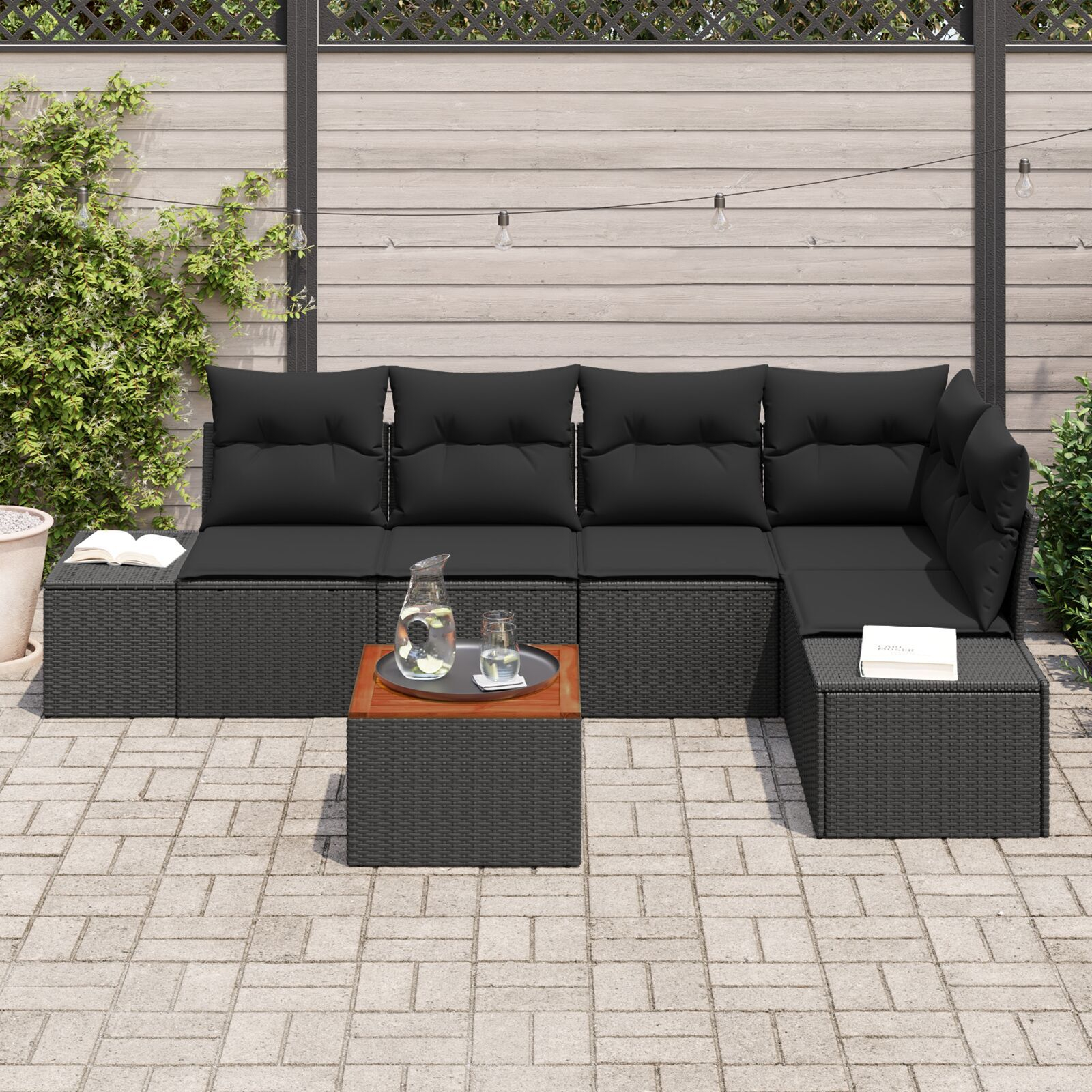 Set de sofa de grădină cu 6 piese și perne negre din poliratan și lemn de acacia GartenMobel Dekor